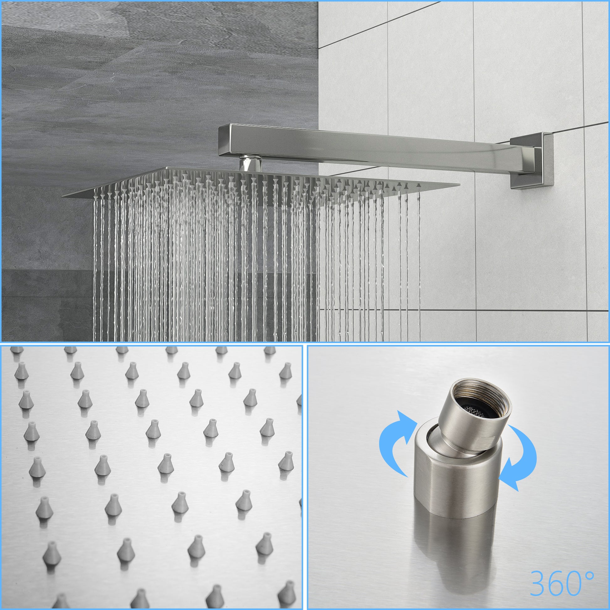 Shower System With Adjustable Slide Bar,10 Inch Wall Mounted Square Shower System With Rough In Valve, Brushed Nickel Brushed Nickel Stainless Steel
