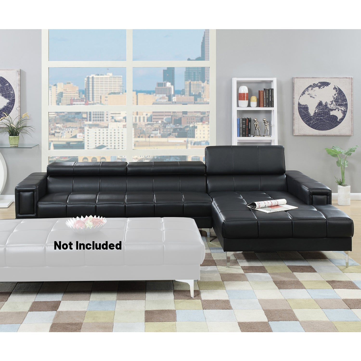 Bonded Leather Sectional Sofa With Adjustable Headrest In Black Black Contemporary L Shaped Pu Leather