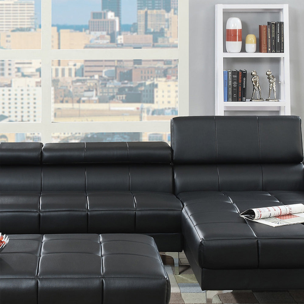 Bonded Leather Sectional Sofa With Adjustable Headrest In Black Black Contemporary L Shaped Pu Leather