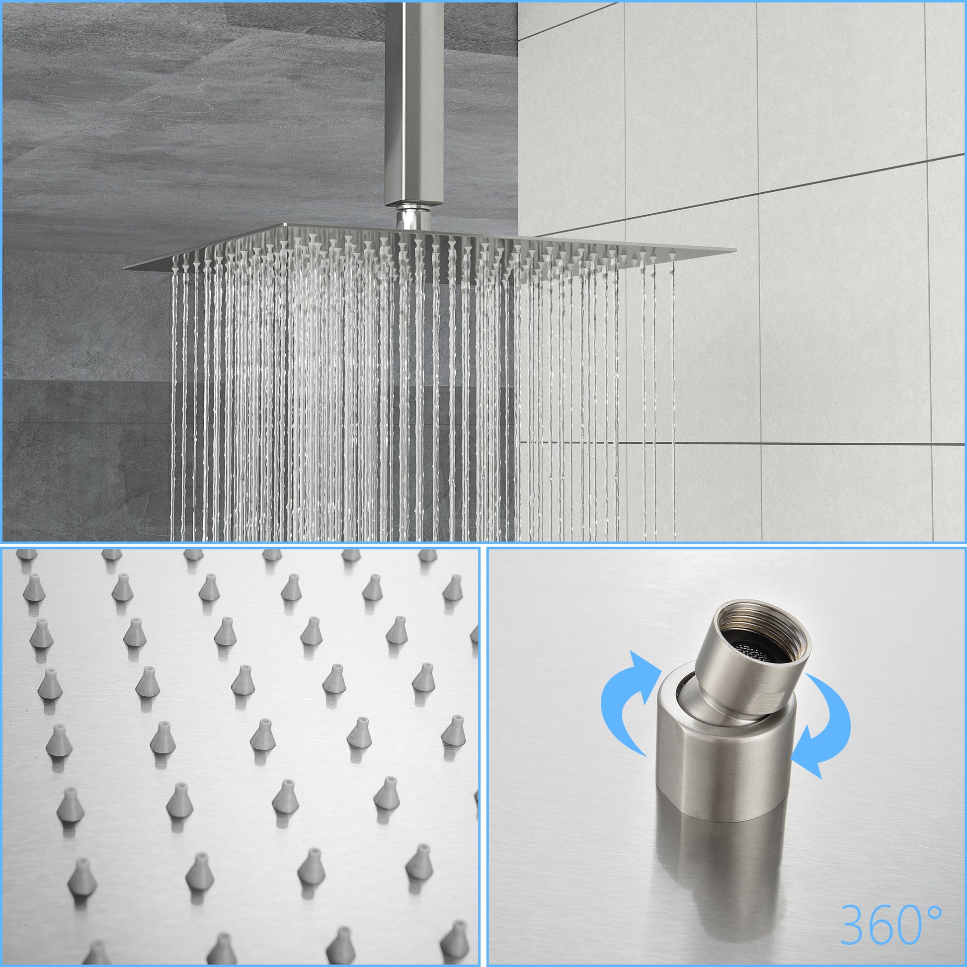 Shower System With Adjustable Slide Bar,16 Inch Ceiling Mounted Square Shower System With Rough In Valve, Brushed Nickel Brushed Nickel Stainless Steel