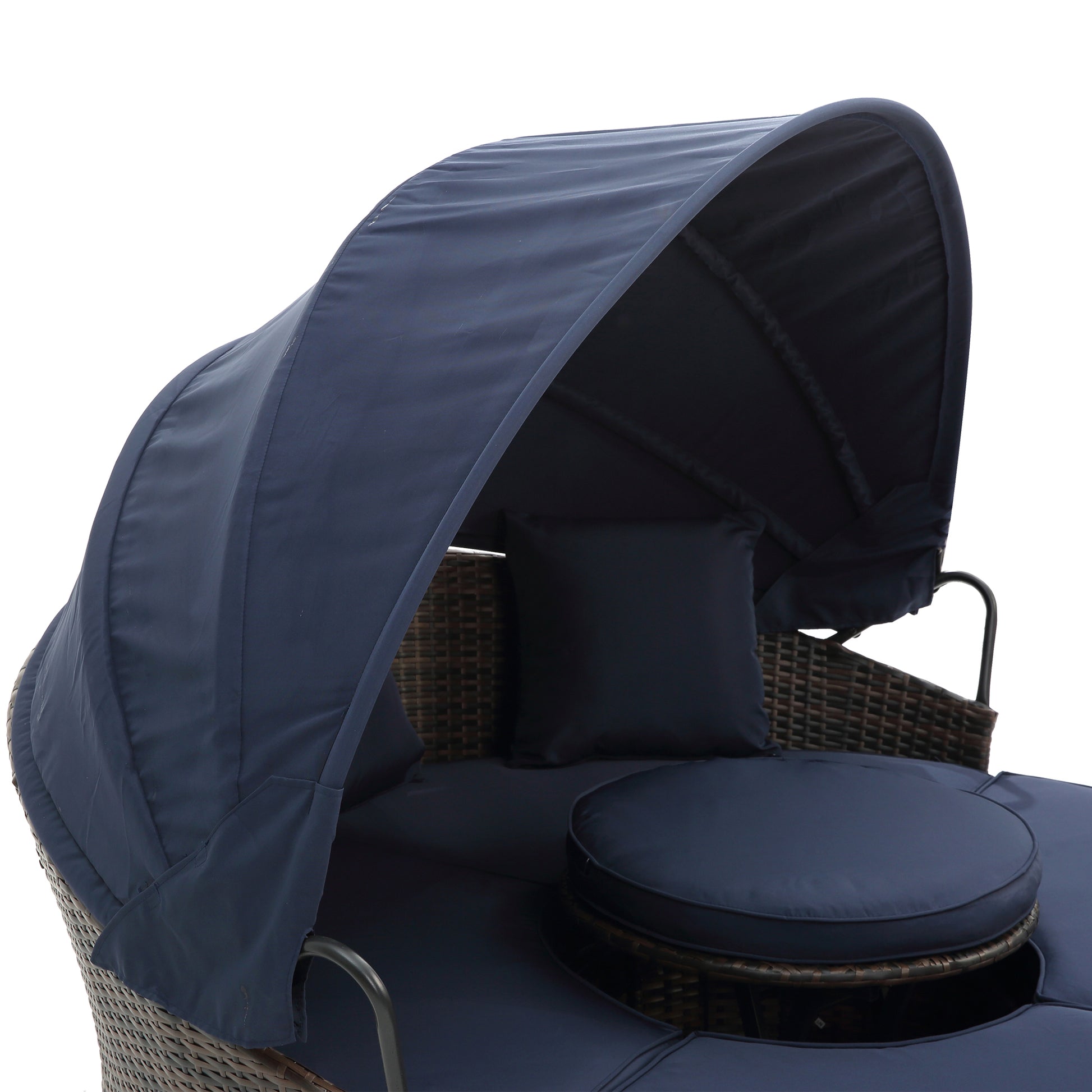 Kd Rattan Round Lounge With Canopy Bali Canopy Bed Outdoor, Wicker Outdoor Sofa Bed With Lift Coffee Table Navy Blue Cotton Steel