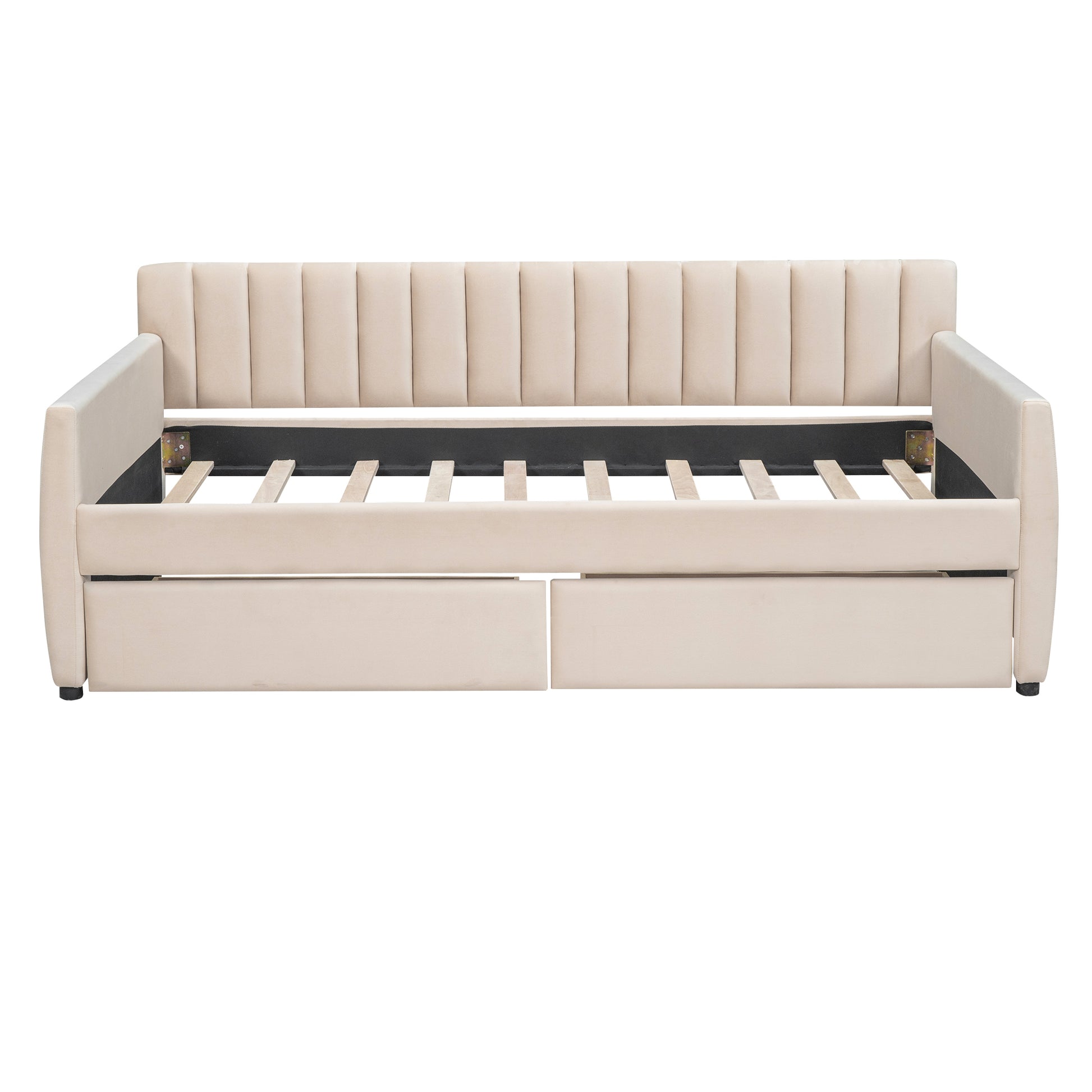 Twin Size Upholstered Daybed With Drawers, Wood Slat Support, Beige Beige Velvet