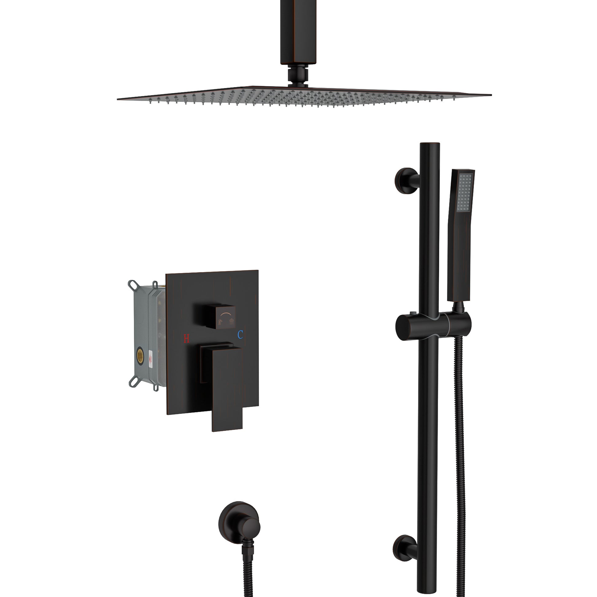 Shower System With Adjustable Slide Bar,16 Inch Ceiling Mounted Square Shower System With Rough In Valve, Oil Rubber Bronze Oil Rubbed Bronze Stainless Steel