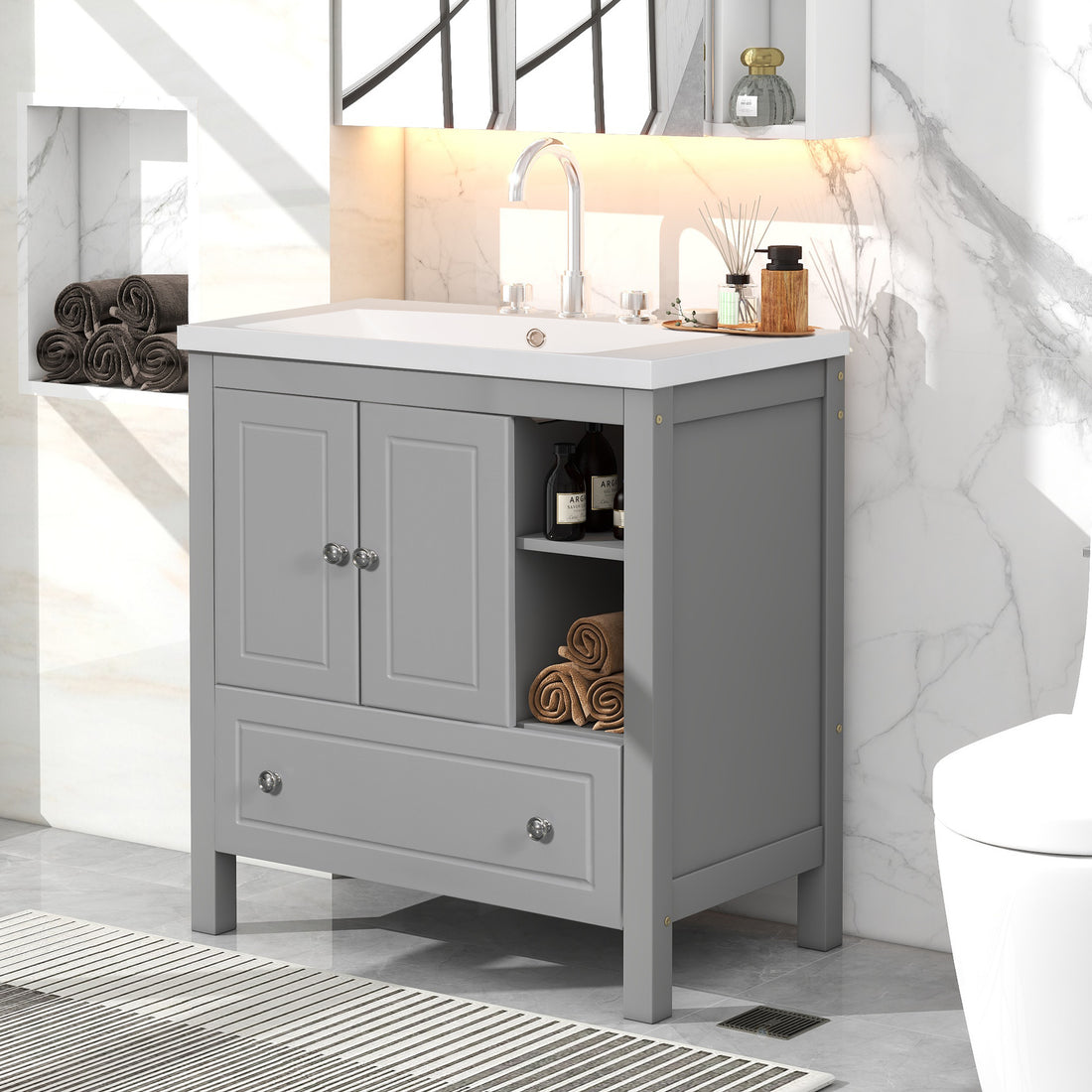 Video 30" Bathroom Vanity With Sink, Bathroom Storage Cabinet With Doors And Drawers, Solid Wood Frame, Ceramic Sink, Grey Old Sku: Jl000002Aag Grey Solid Wood Mdf