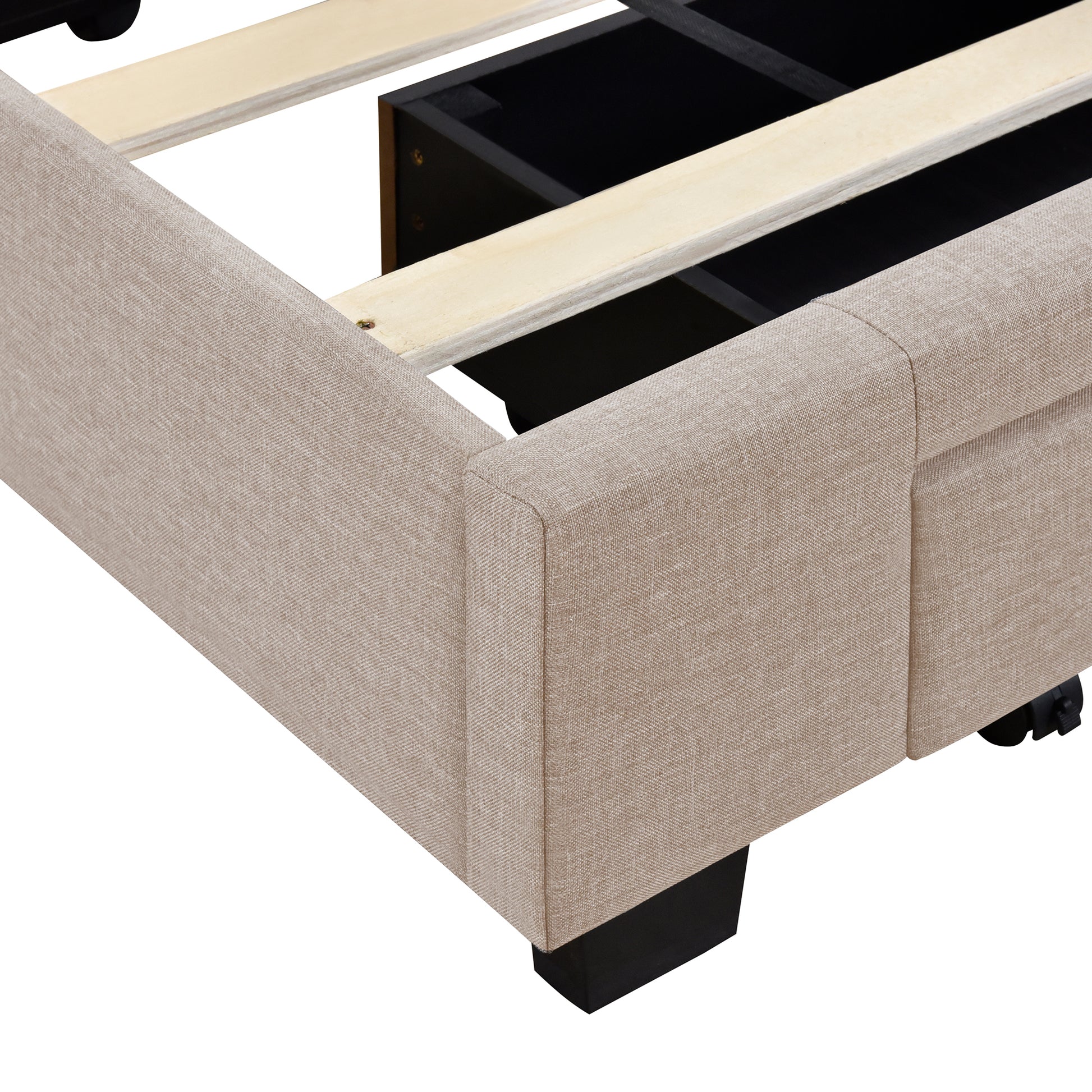 Queen Size Storage Bed Linen Upholstered Platform Bed With 3 Drawers Beige Beige Upholstered