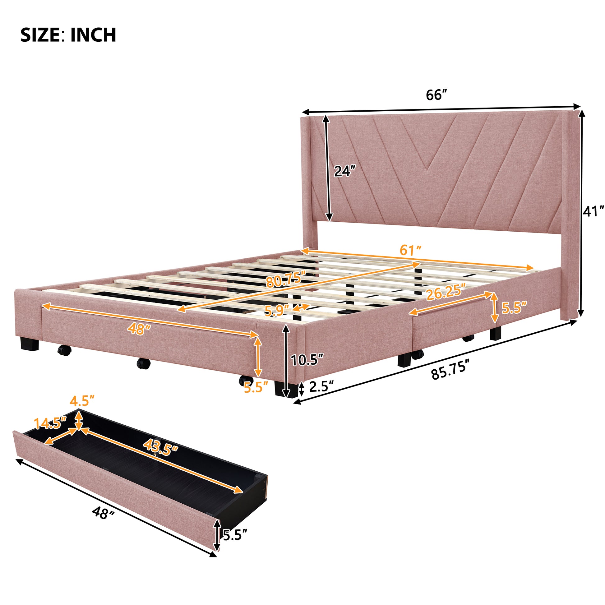 Queen Size Storage Bed Linen Upholstered Platform Bed With 3 Drawers Pink Pink Upholstered