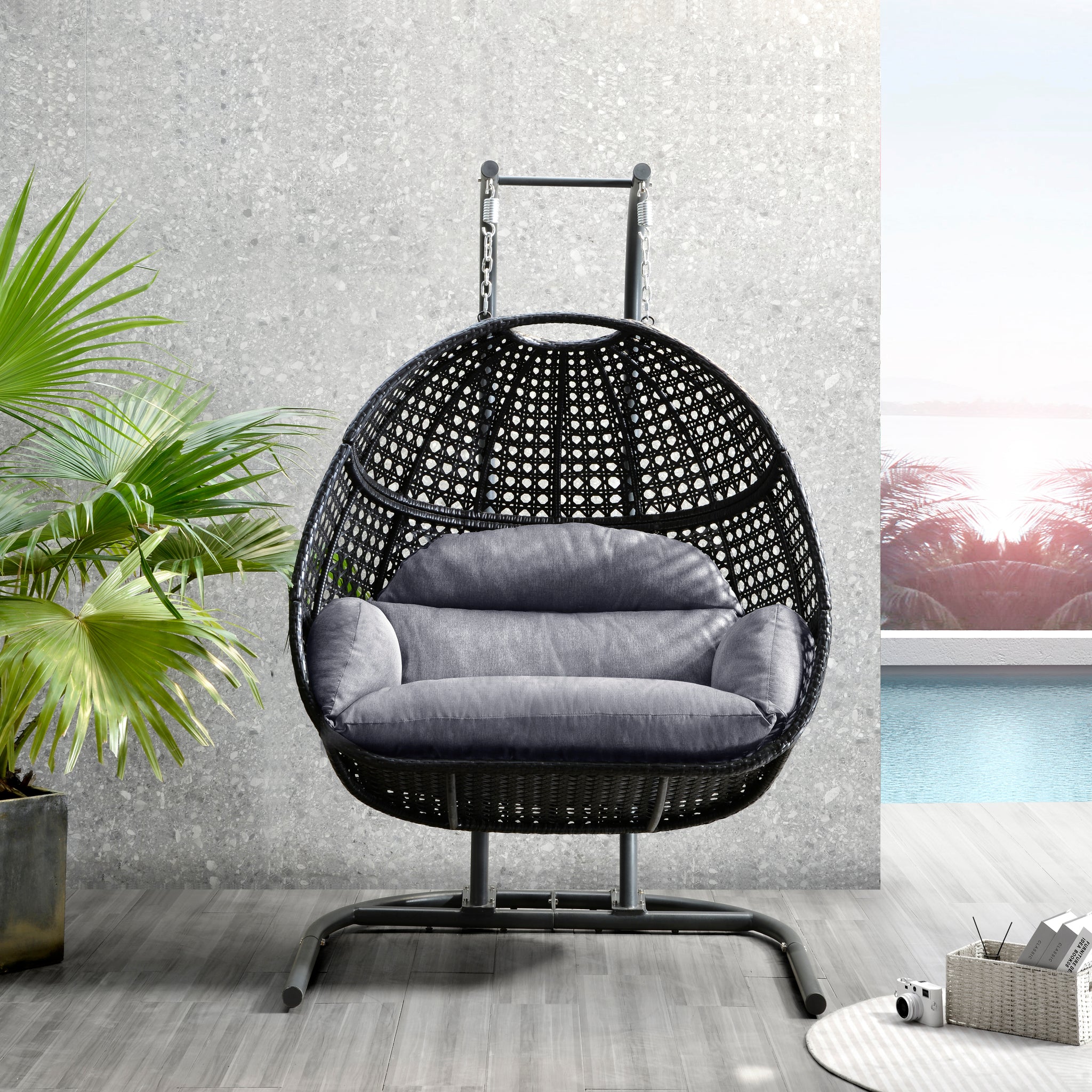 Patio Pe Rattan Double Swing Chair With Stand, Two Person Hanging Chair For Balcony, Courtyard Grey Steel