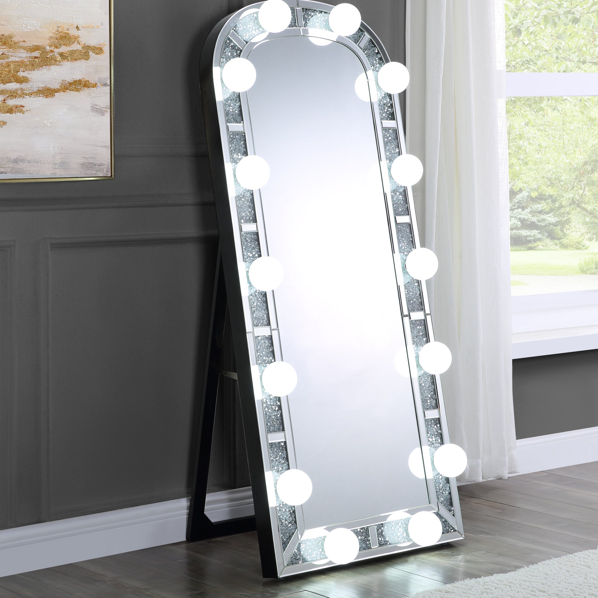 Noralie Accent Floor Mirror In Mirrored & Faux Diamonds 97984 Silver Glass