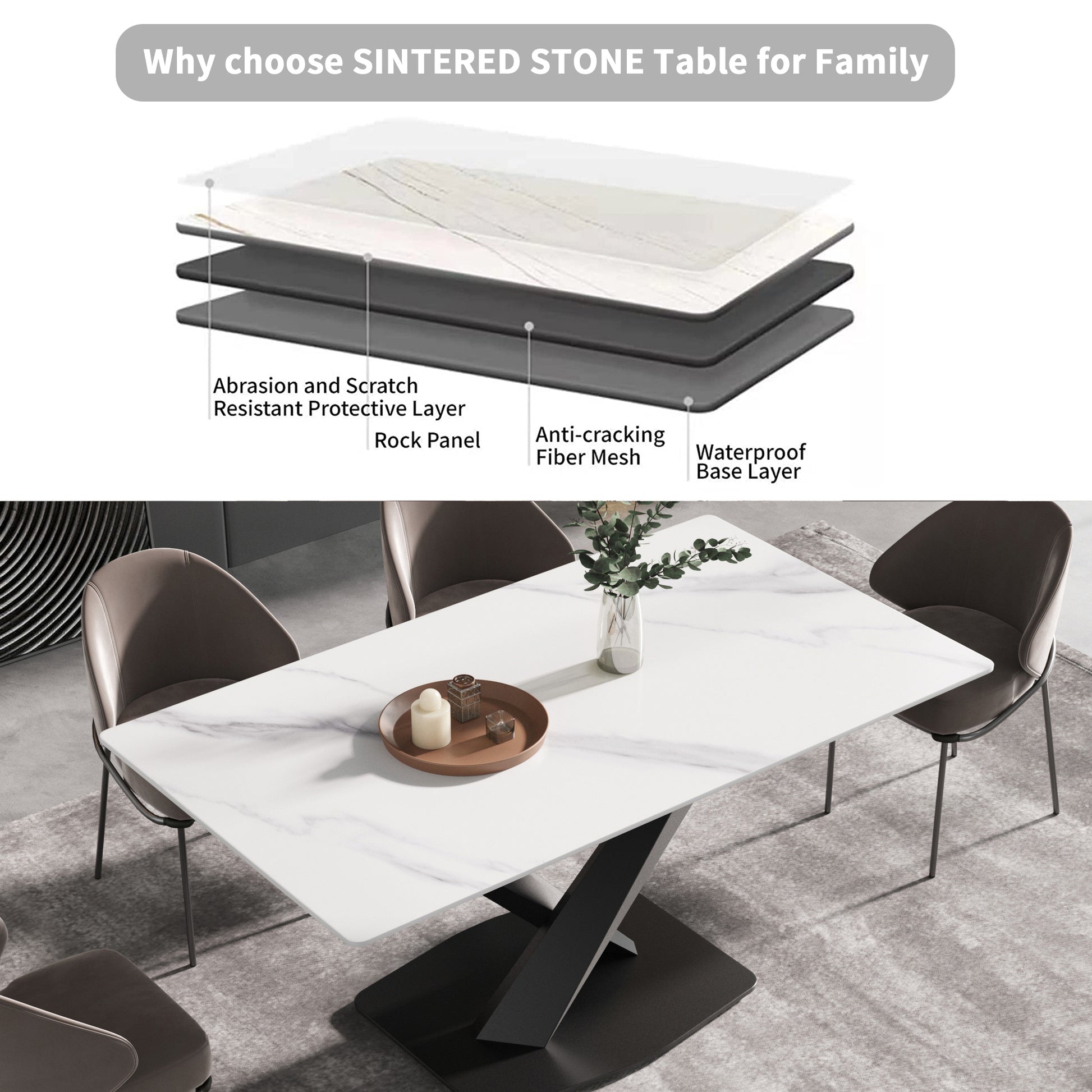 63 Inch Modern Artificial Stone White Straight Edge Black Metal X Leg Dining Table 6 People White Metal Sintered Stone