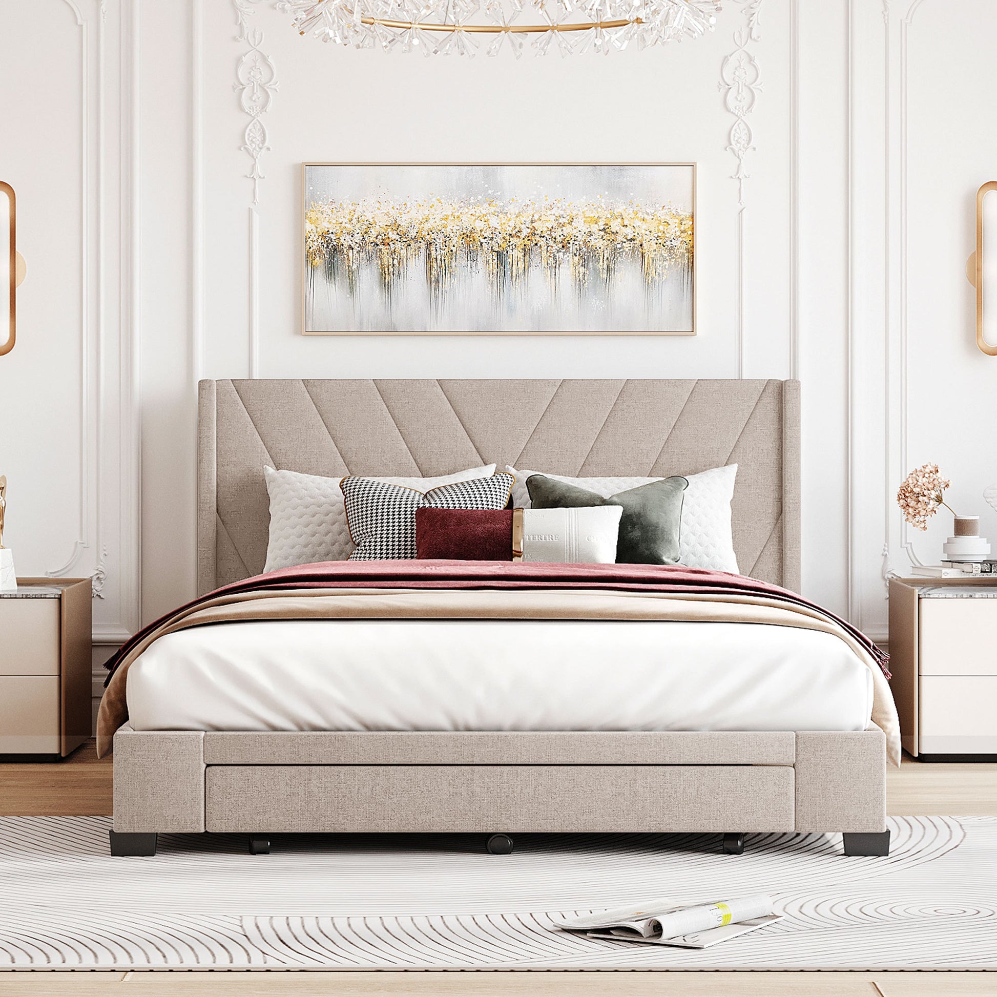 Queen Size Storage Bed Linen Upholstered Platform Bed With 3 Drawers Beige Beige Upholstered