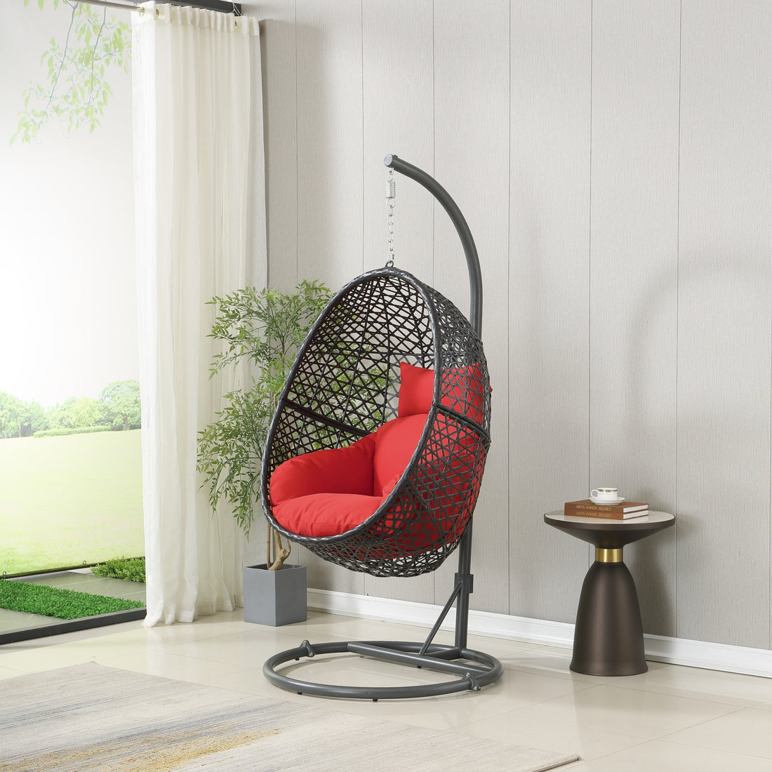 Patio Pe Rattan Swing Chair With Stand For Balcony, Courtyard Red Steel