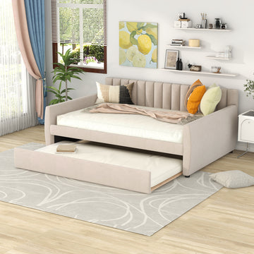 Full Size Upholstered Daybed With Trundle And Wood Slat Support, Beige Beige Velvet