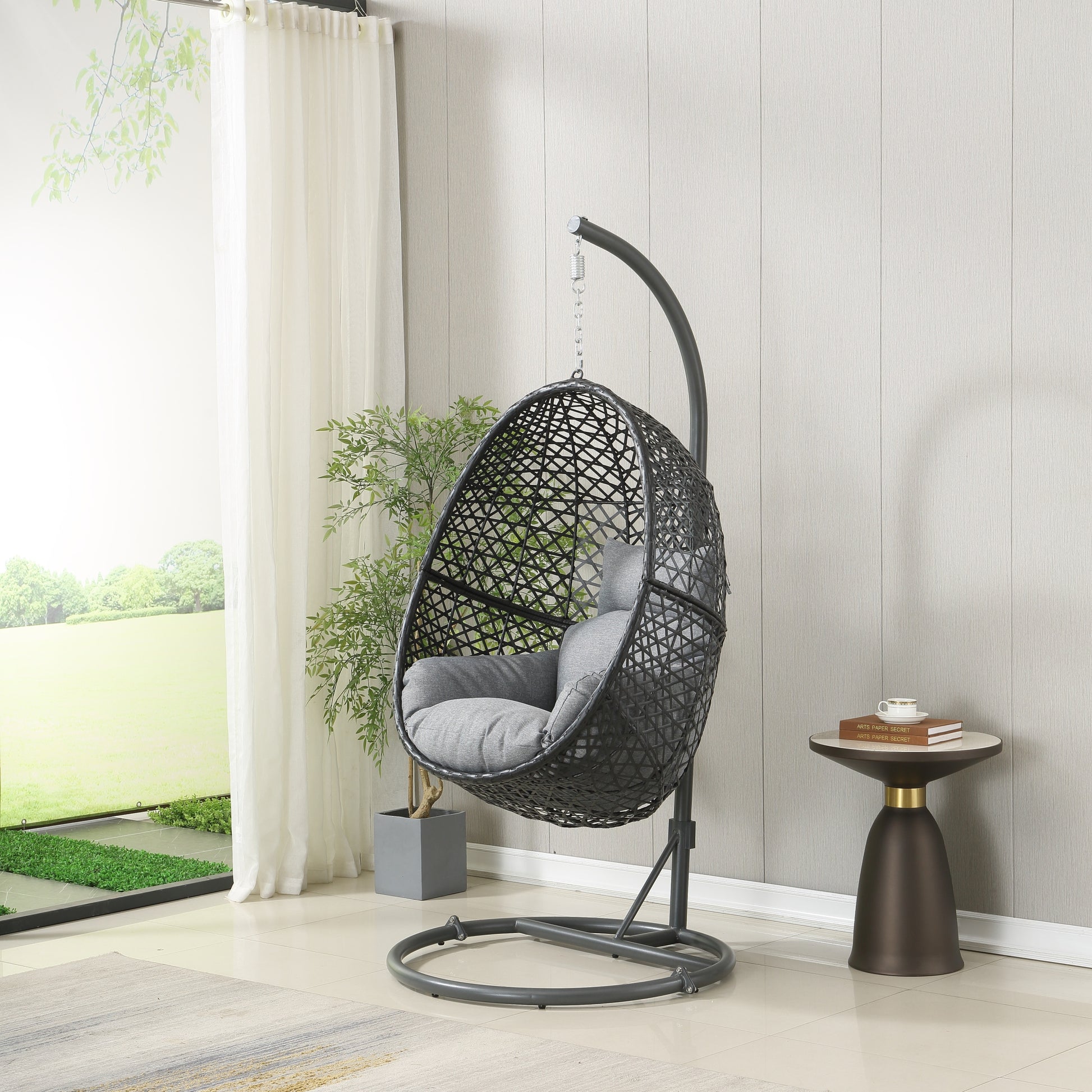 Patio Pe Rattan Swing Chair With Stand For Balcony, Courtyard Grey Steel