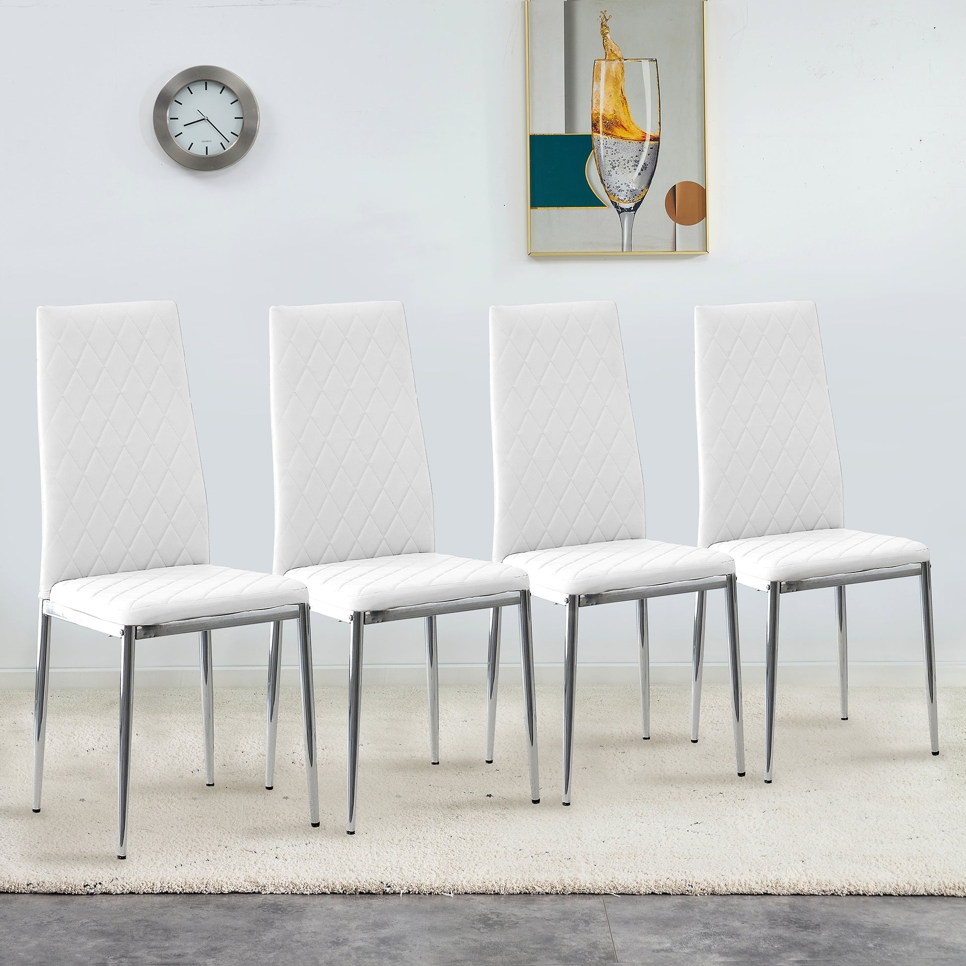 Grid Armless High Backrest Dining Chair, 8 Piece Set Of Silver Metal Legs White Chair, Office Chair. Suitable For Restaurants, Living Rooms, Kitchens, And Offices. 0924 White Pu