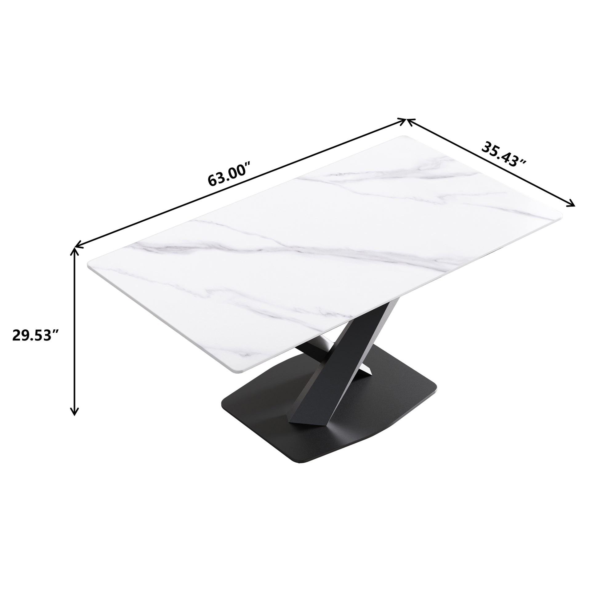 63 Inch Modern Artificial Stone White Straight Edge Black Metal X Leg Dining Table 6 People White Metal Sintered Stone