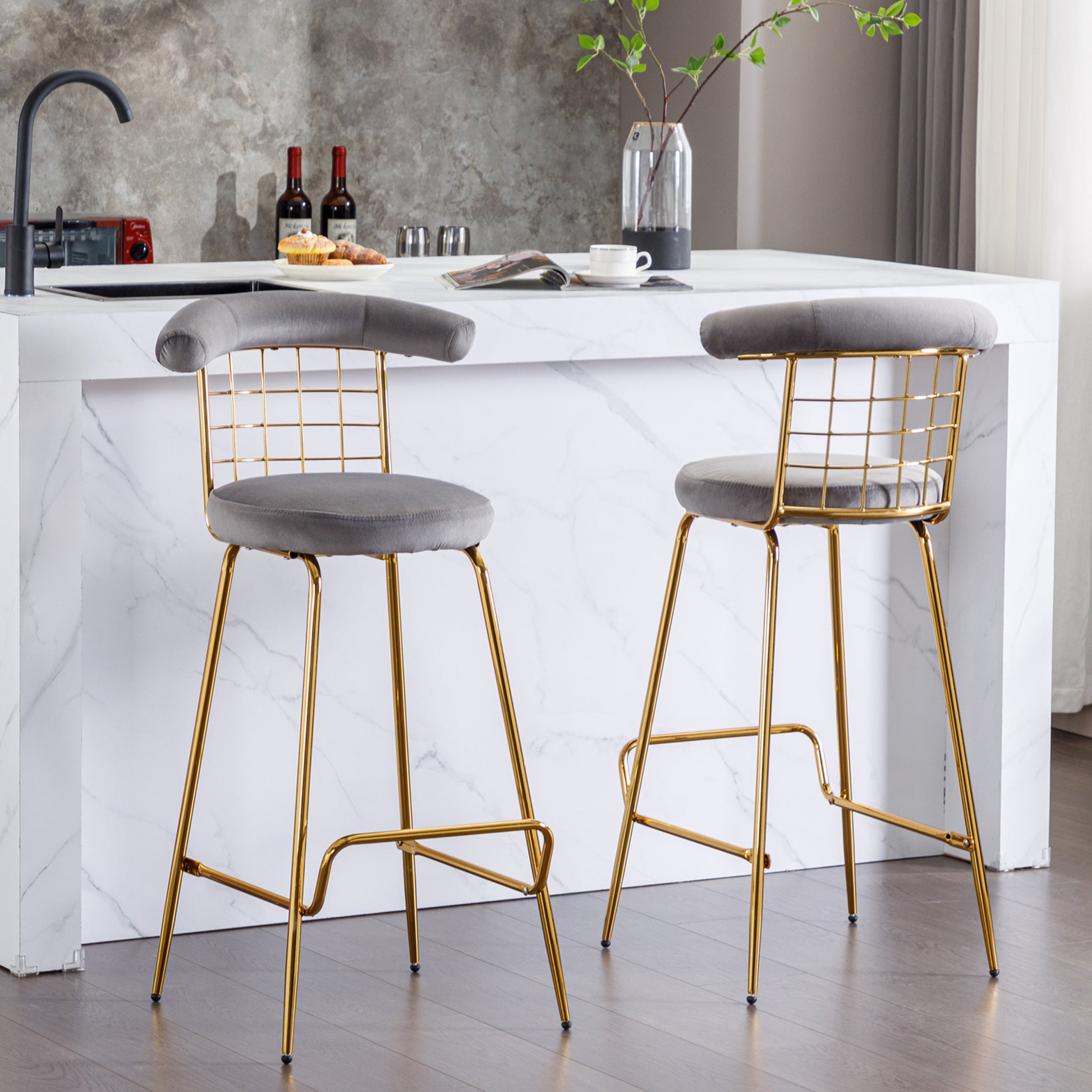 Bar Stool Set Of 2, Luxury Velvet High Bar Stool With Metal Legs And Soft Back, Pub Stool Chairs Armless Modern Kitchen High Dining Chairs With Metal Legs, Grey Gray Velvet