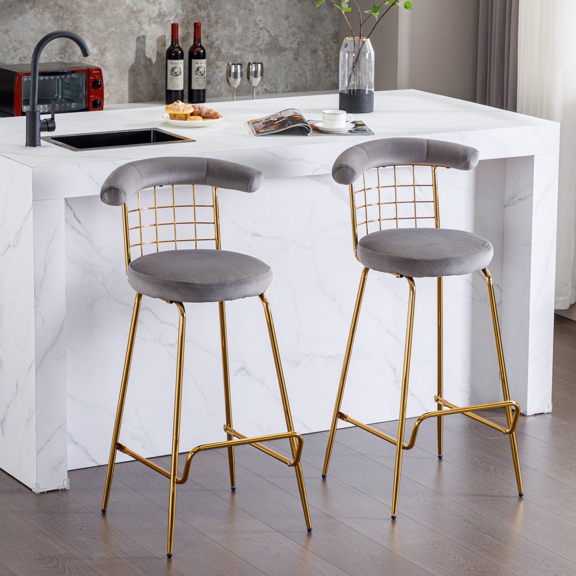 Bar Stool Set Of 2, Luxury Velvet High Bar Stool With Metal Legs And Soft Back, Pub Stool Chairs Armless Modern Kitchen High Dining Chairs With Metal Legs, Grey Gray Velvet