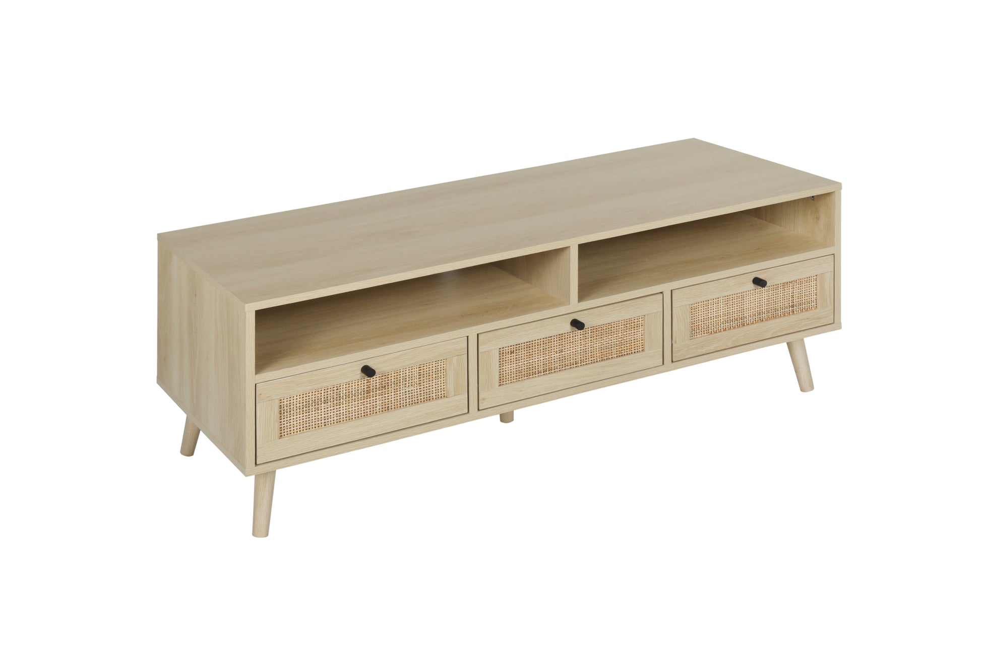 Rattan Tv Stand With Solid Wood Feet, Tv Console Table For Living Room, Natural Oak Particle Board