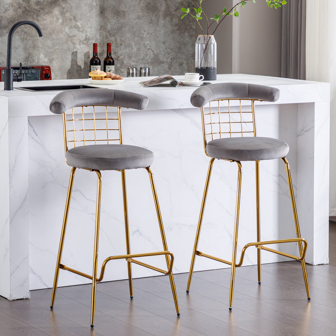 Bar Stool Set Of 2, Luxury Velvet High Bar Stool With Metal Legs And Soft Back, Pub Stool Chairs Armless Modern Kitchen High Dining Chairs With Metal Legs, Grey Gray Velvet