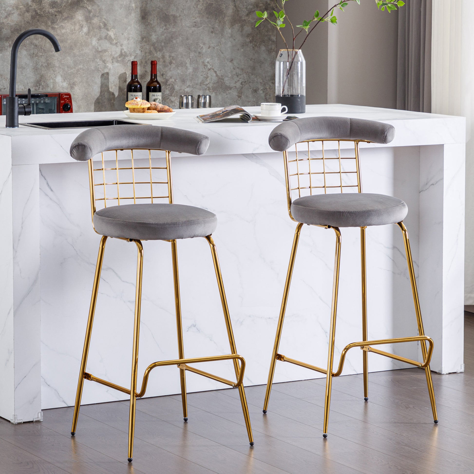Bar Stool Set Of 2, Luxury Velvet High Bar Stool With Metal Legs And Soft Back, Pub Stool Chairs Armless Modern Kitchen High Dining Chairs With Metal Legs, Grey Gray Velvet