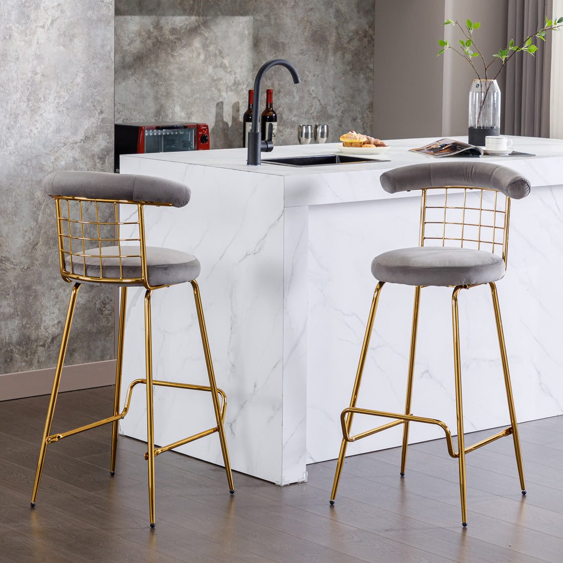 Bar Stool Set Of 2, Luxury Velvet High Bar Stool With Metal Legs And Soft Back, Pub Stool Chairs Armless Modern Kitchen High Dining Chairs With Metal Legs, Grey Gray Velvet