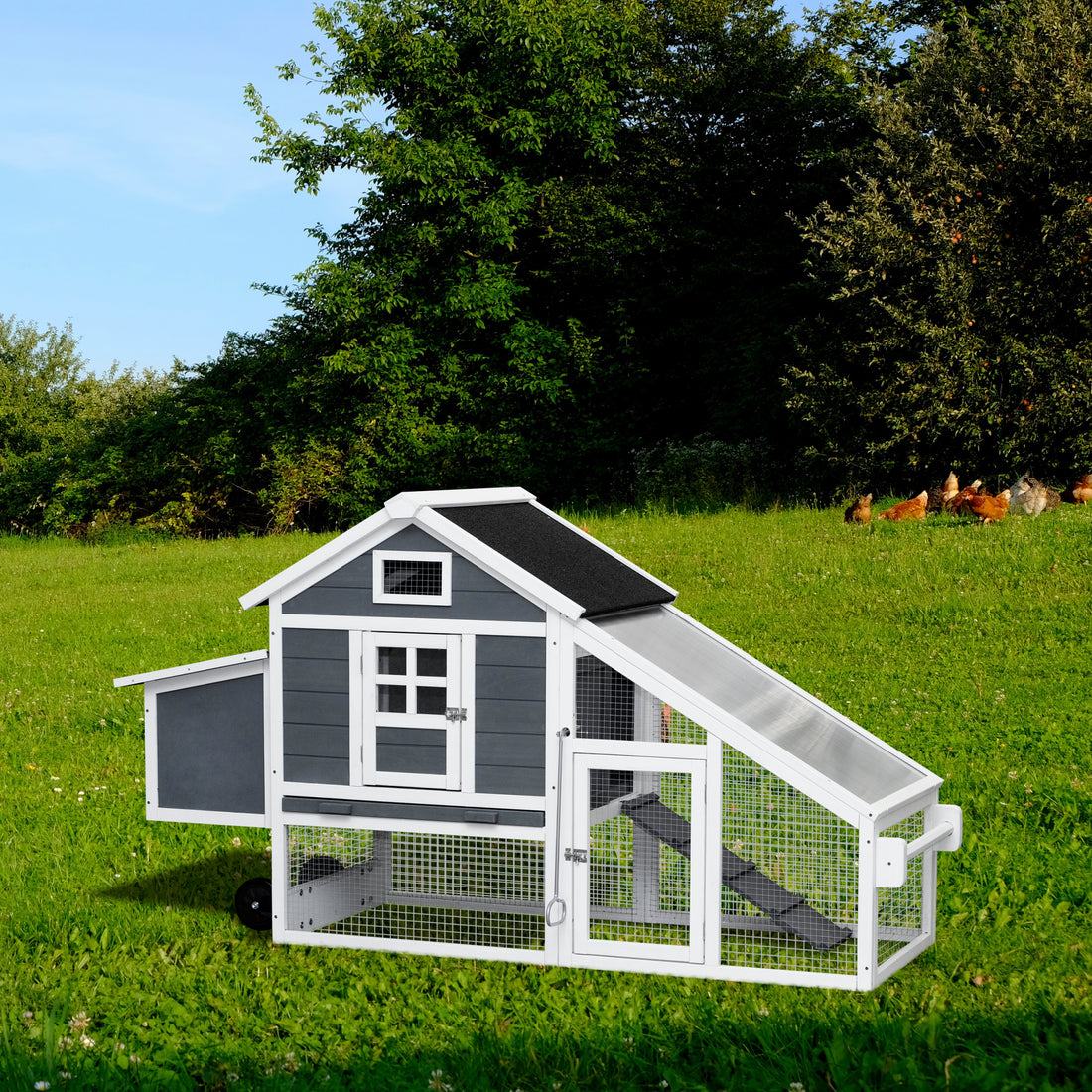 Removable Tray Ramp Wooden Outdoor Chicken Hutch Coop With Running Cage With Wheels Gray Foam Metal & Wood