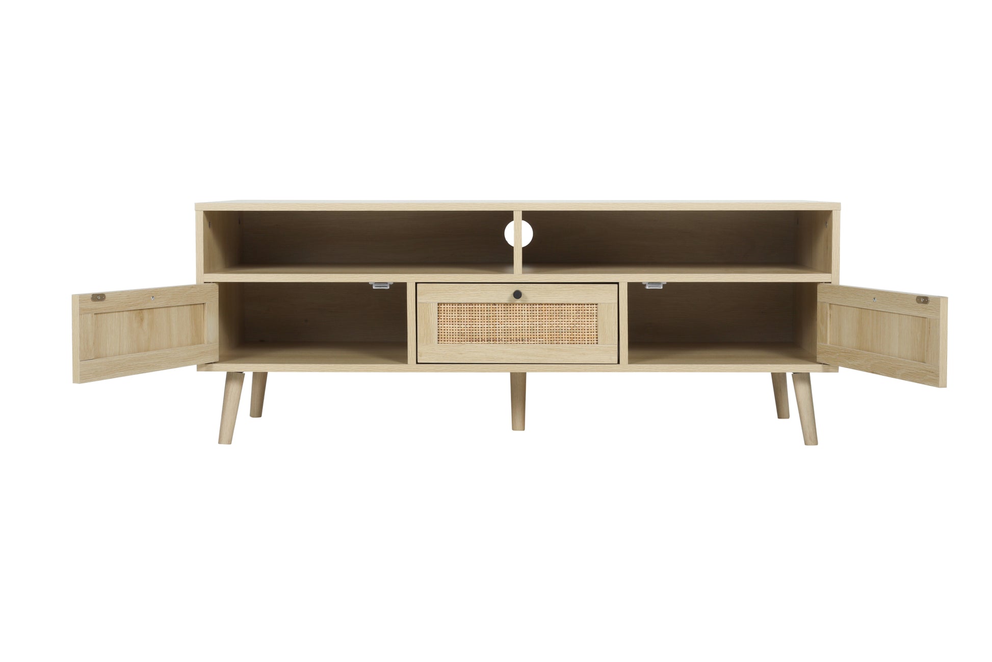 Rattan Tv Stand With Solid Wood Feet, Tv Console Table For Living Room, Natural Oak Particle Board