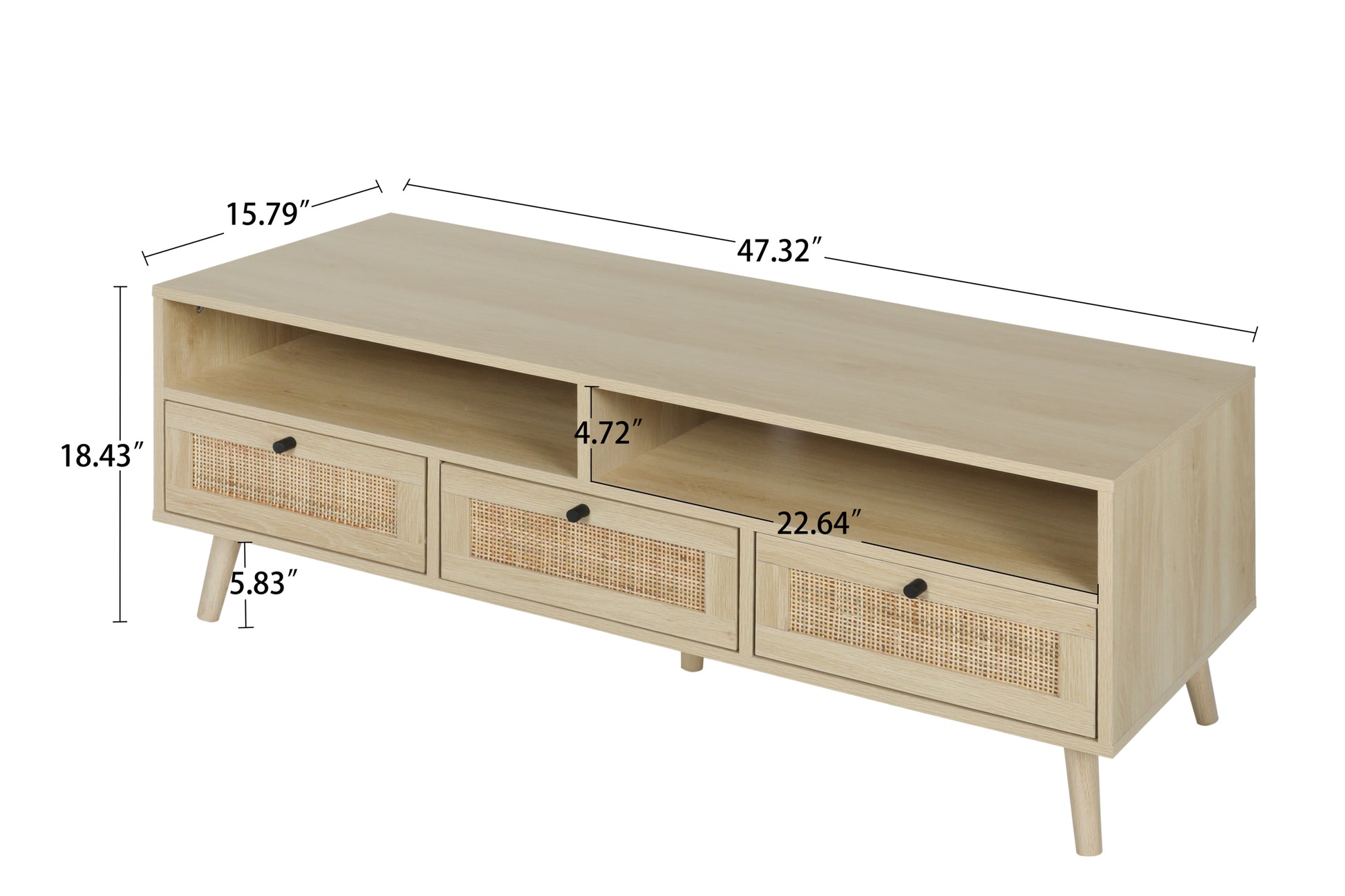 Rattan Tv Stand With Solid Wood Feet, Tv Console Table For Living Room, Natural Oak Particle Board