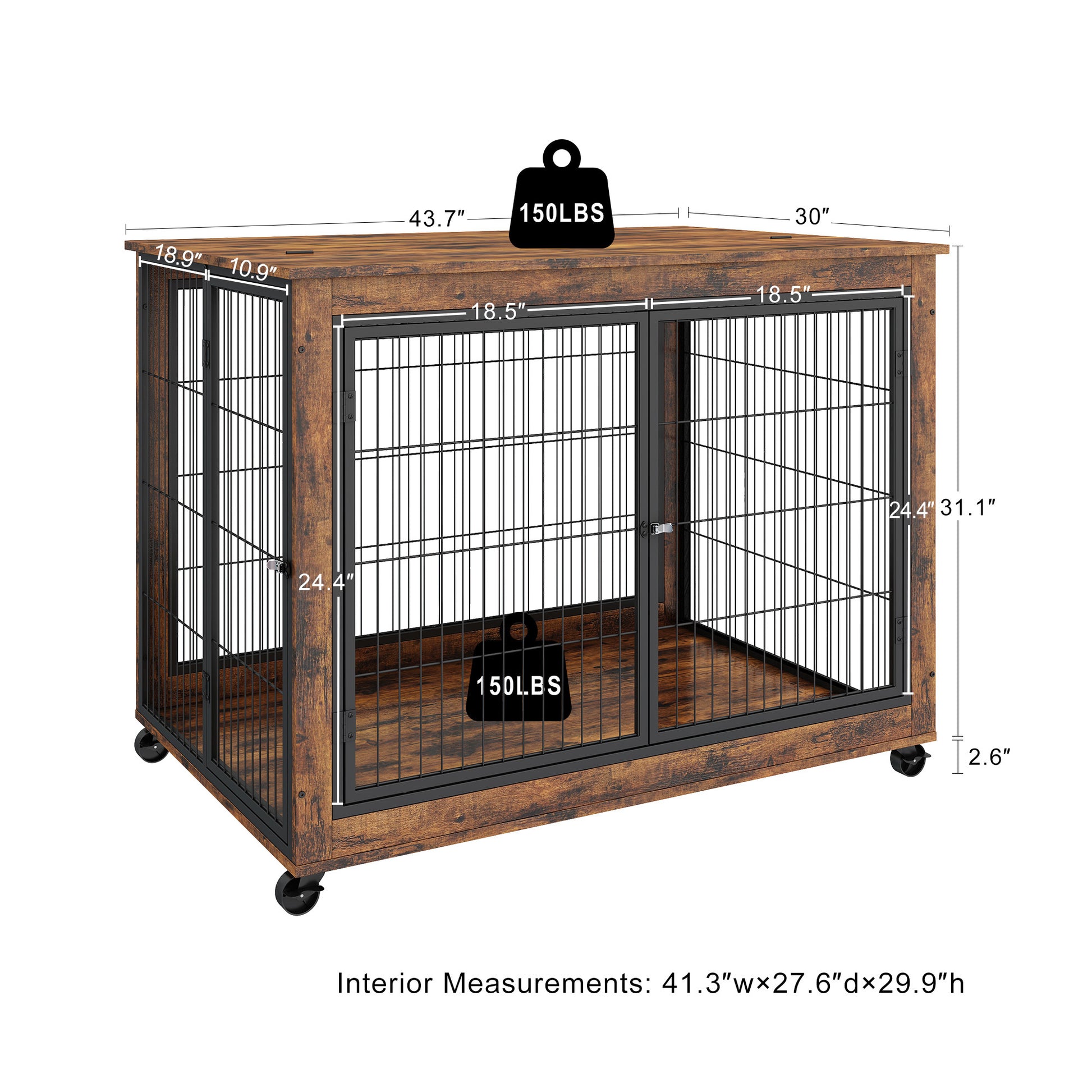 Furniture Style Dog Crate Side Table On Wheels With Double Doors And Lift Top. Rustic Brown, 43.7'' W X 30'' D X 31.1'' H. Rustic Brown Particle Board