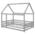 Full Size Floor Wooden Bed With House Roof Frame, Fence Guardrails ,Grey Old Sku:W50471474 Full Grey Pine