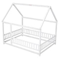 Full Size Floor Wooden Bed With House Roof Frame, Fence Guardrails ,White Old Sku:W50471475 Full White Pine