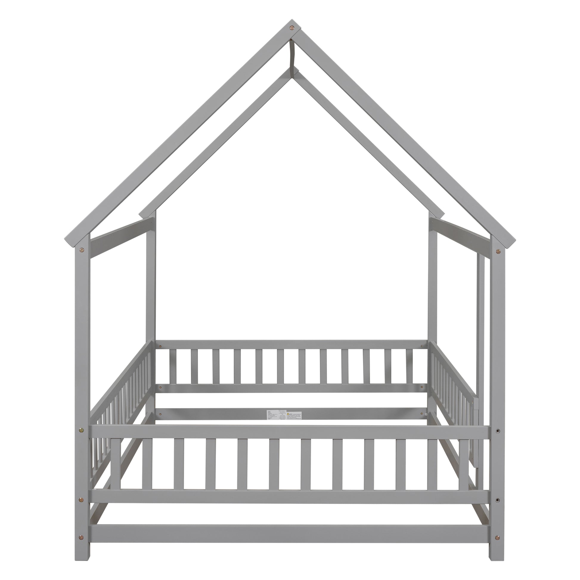 Full Size Floor Wooden Bed With House Roof Frame, Fence Guardrails ,Grey Old Sku:W50471474 Full Grey Pine
