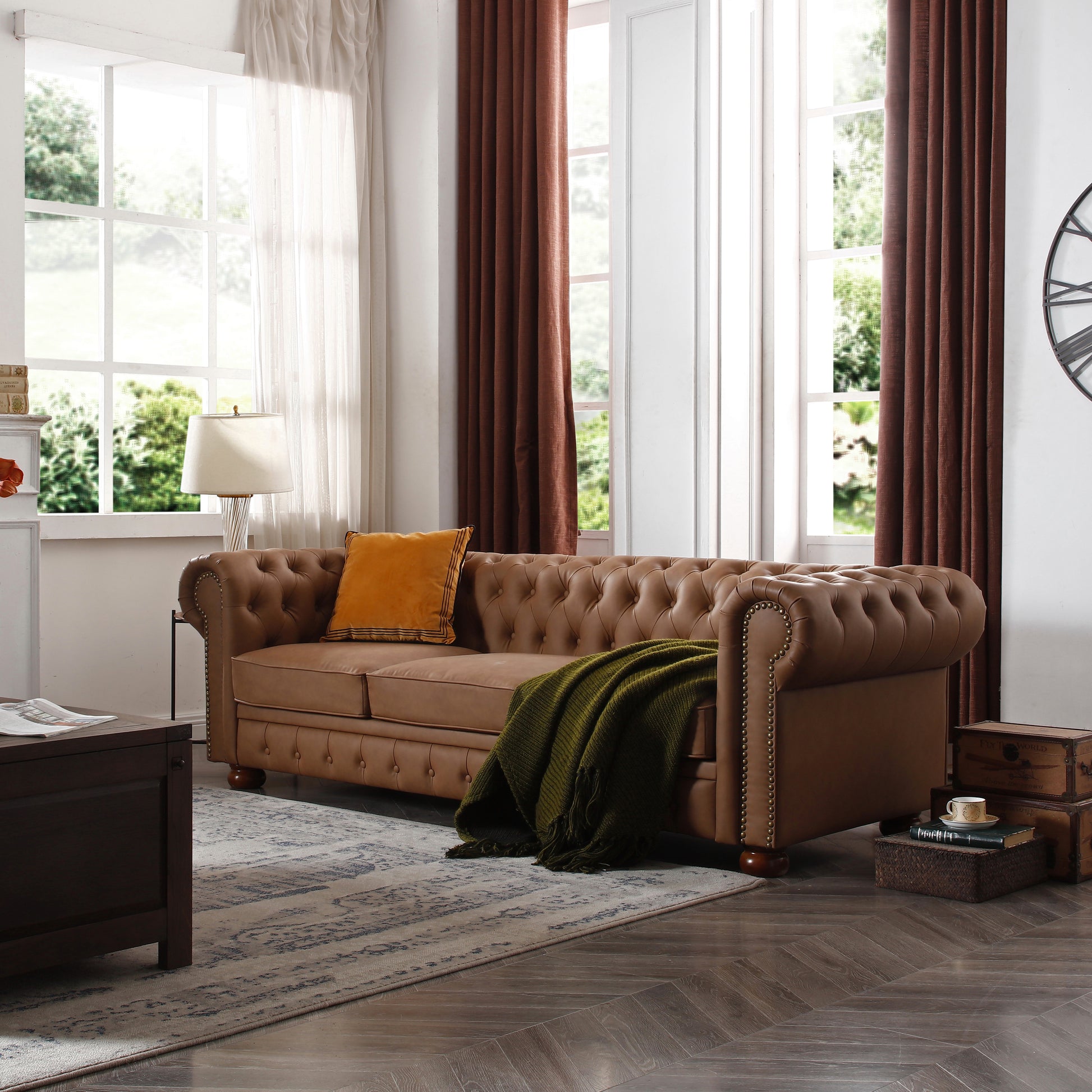 Classic Chesterfield Sofa Brown Faux Leather Brown Foam Technical Leather