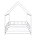 Full Size Floor Wooden Bed With House Roof Frame, Fence Guardrails ,White Old Sku:W50471475 Full White Pine