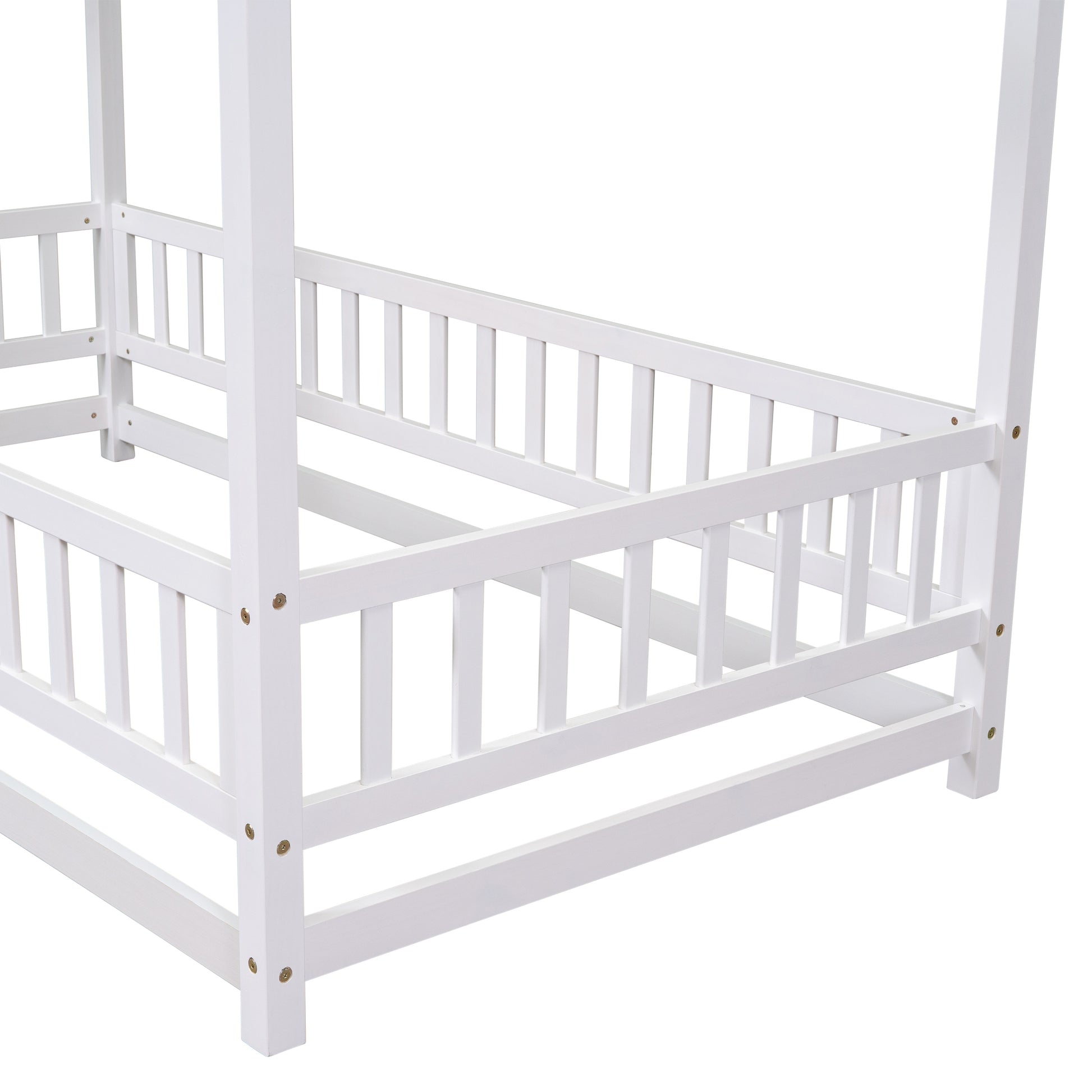 Twin Size Floor Wooden Bed With House Roof Frame, Fence Guardrails,White Old Sku:W50471472 Twin White Pine