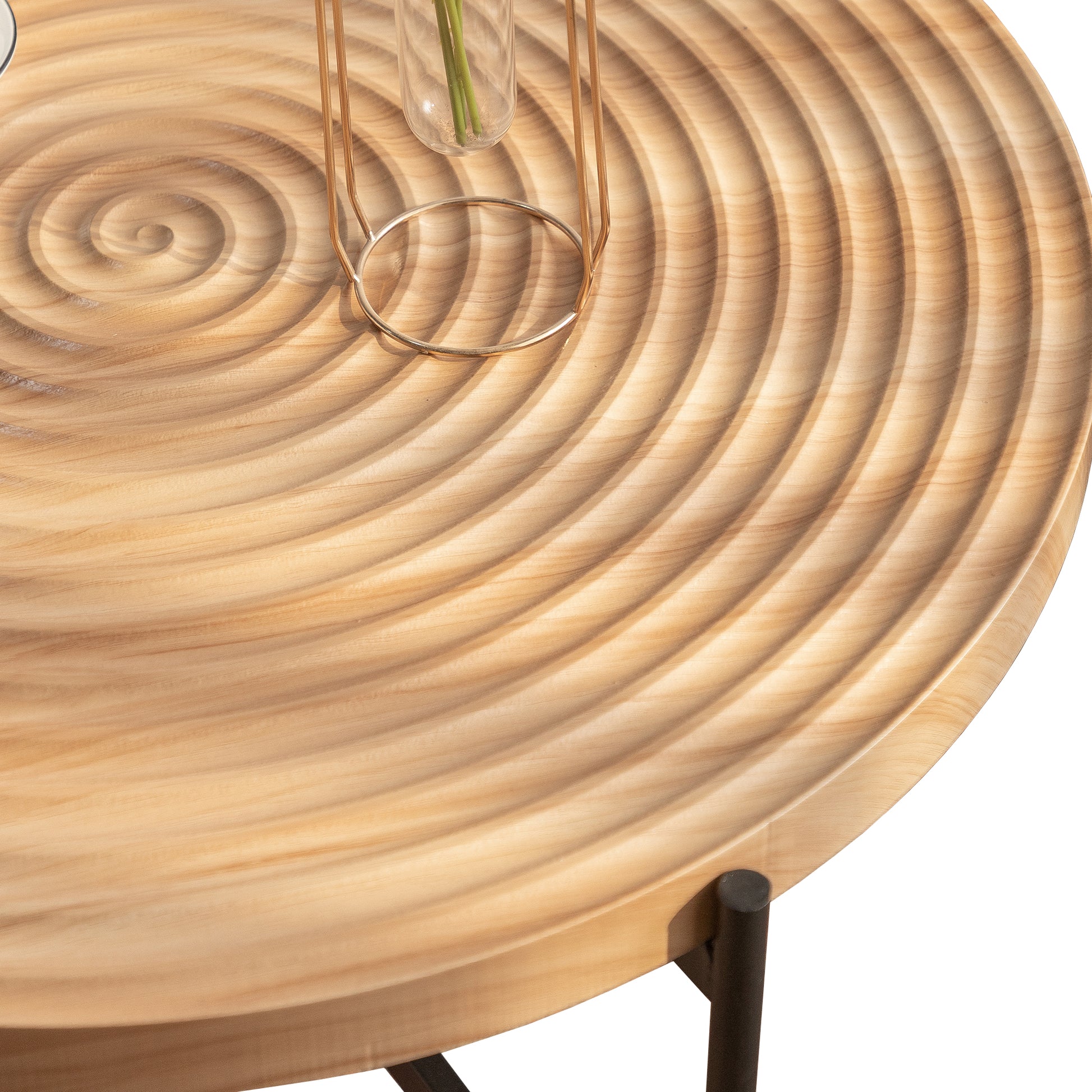 33"Modern Thread Design Round Coffee Tablemdf Table Top With Cross Legs Metal Base Natural Mdf