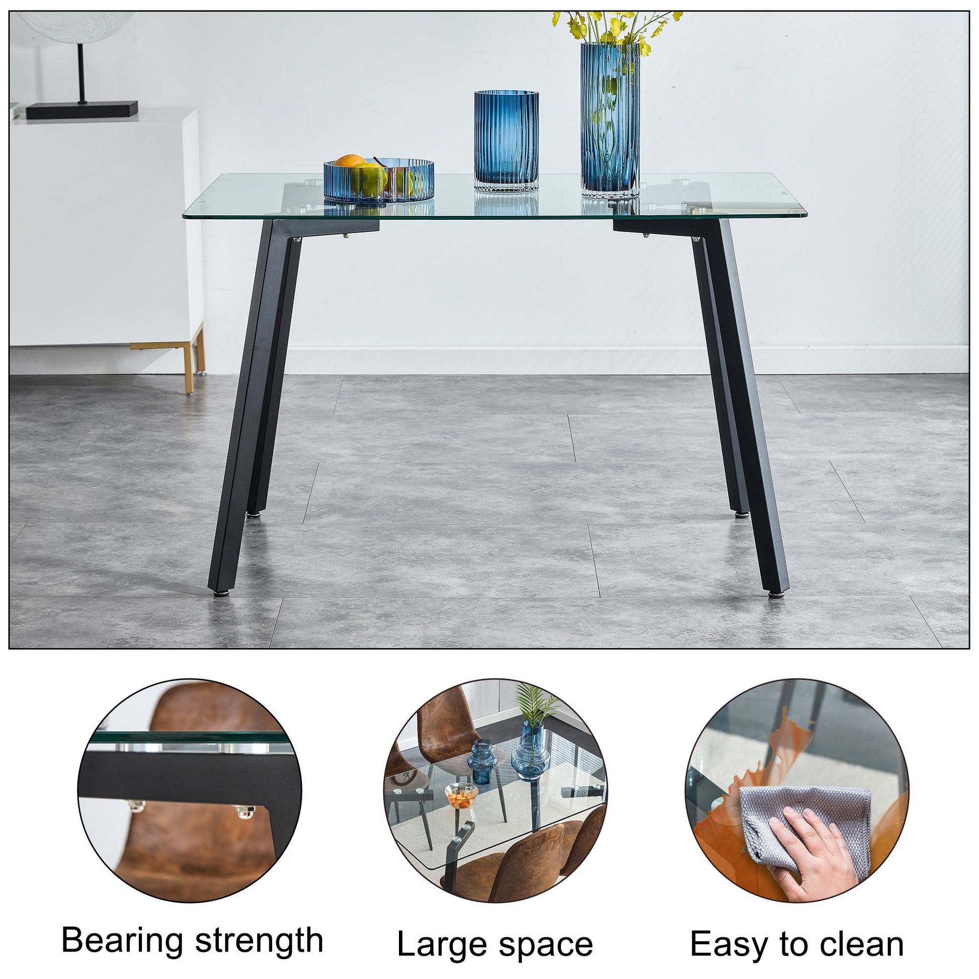 Modern Minimalist Rectangular Glass Dining Table For 4 6 With 0.31" Tempered Glass Tabletop And Black Coating Metal Legs, Writing Table Desk, For Kitchen Dining Living Room, 51" W X 31"D X 30" H