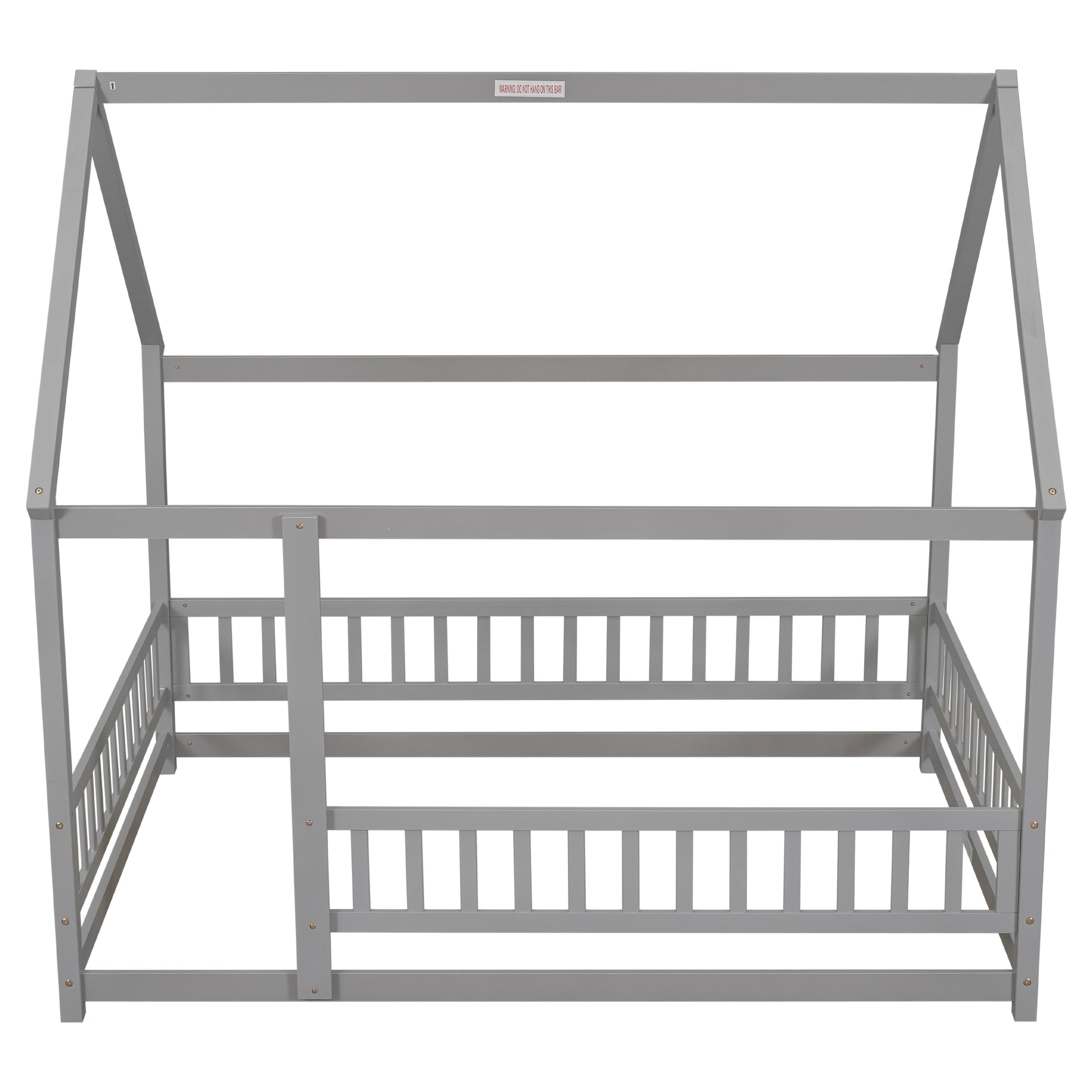 Full Size Floor Wooden Bed With House Roof Frame, Fence Guardrails ,Grey Old Sku:W50471474 Full Grey Pine
