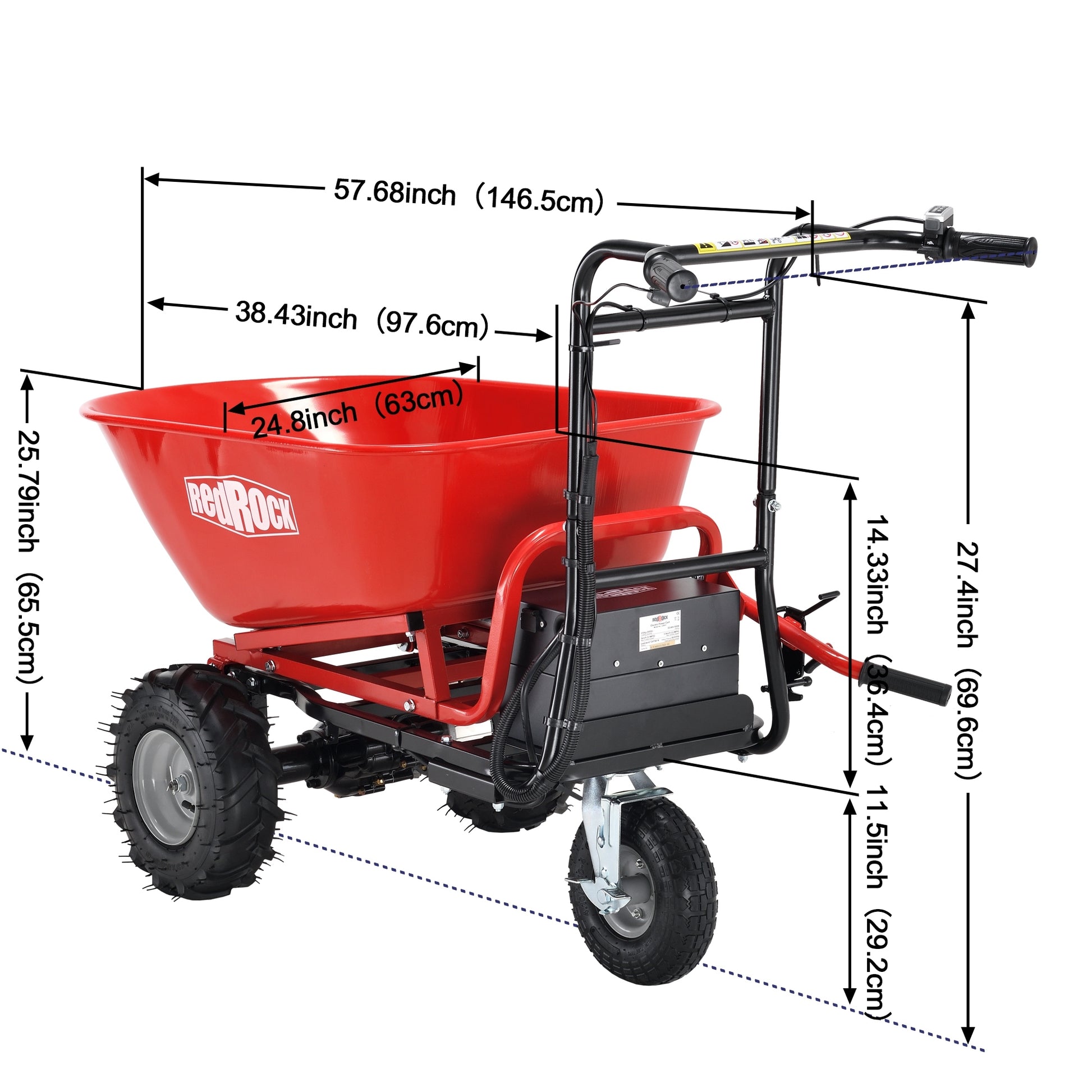 Wheelbarrow Utility Cart Electric Powered Cart 48V28Ah 500W Capacity 500Lbs 230Kg Material Debris Hauler 1000Lbs Towing Red Steel