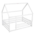 Full Size Floor Wooden Bed With House Roof Frame, Fence Guardrails ,White Old Sku:W50471475 Full White Pine