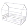 Twin Size Floor Wooden Bed With House Roof Frame, Fence Guardrails,White Old Sku:W50471472 Twin White Pine