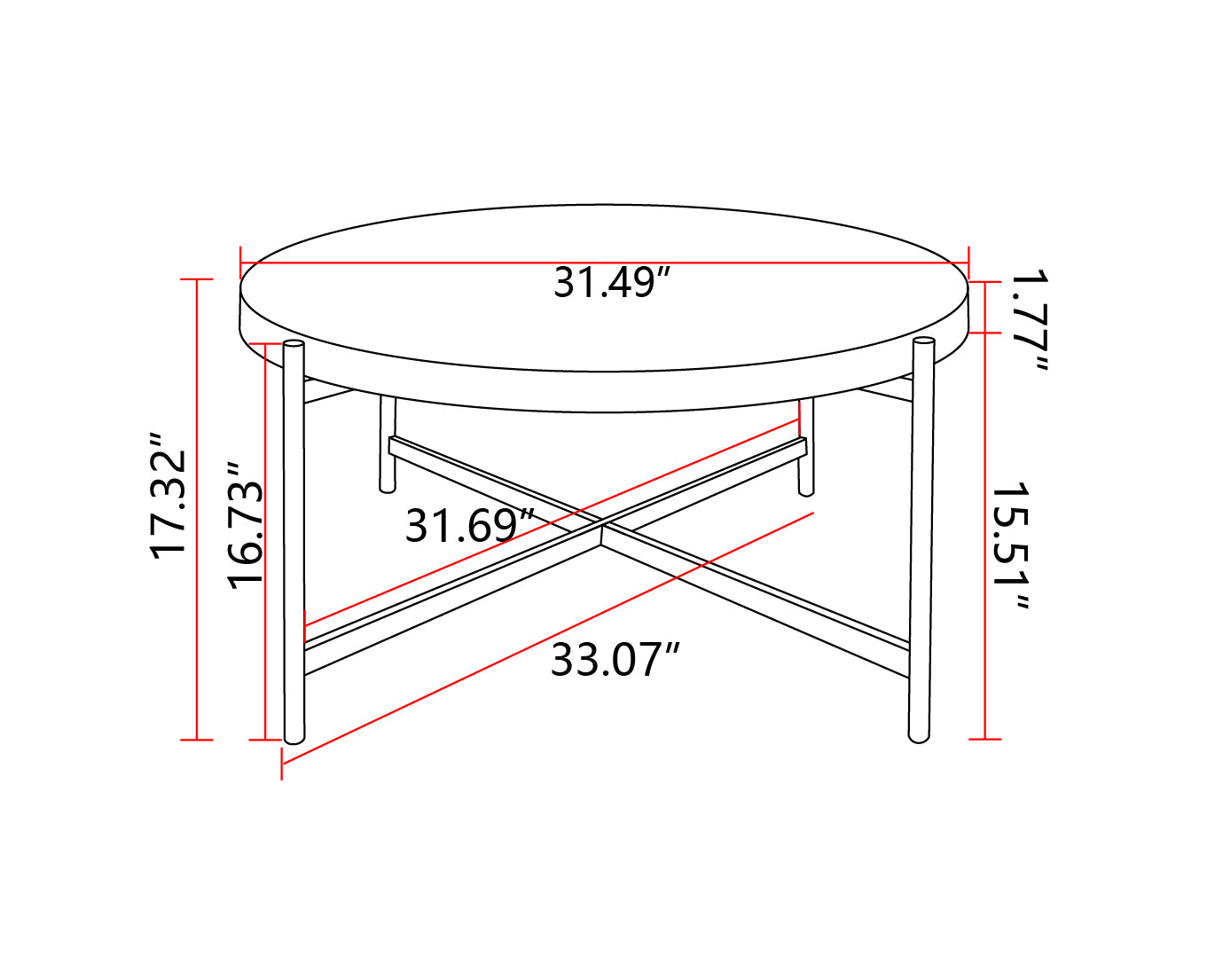 33"Modern Thread Design Round Coffee Tablemdf Table Top With Cross Legs Metal Base Natural Mdf