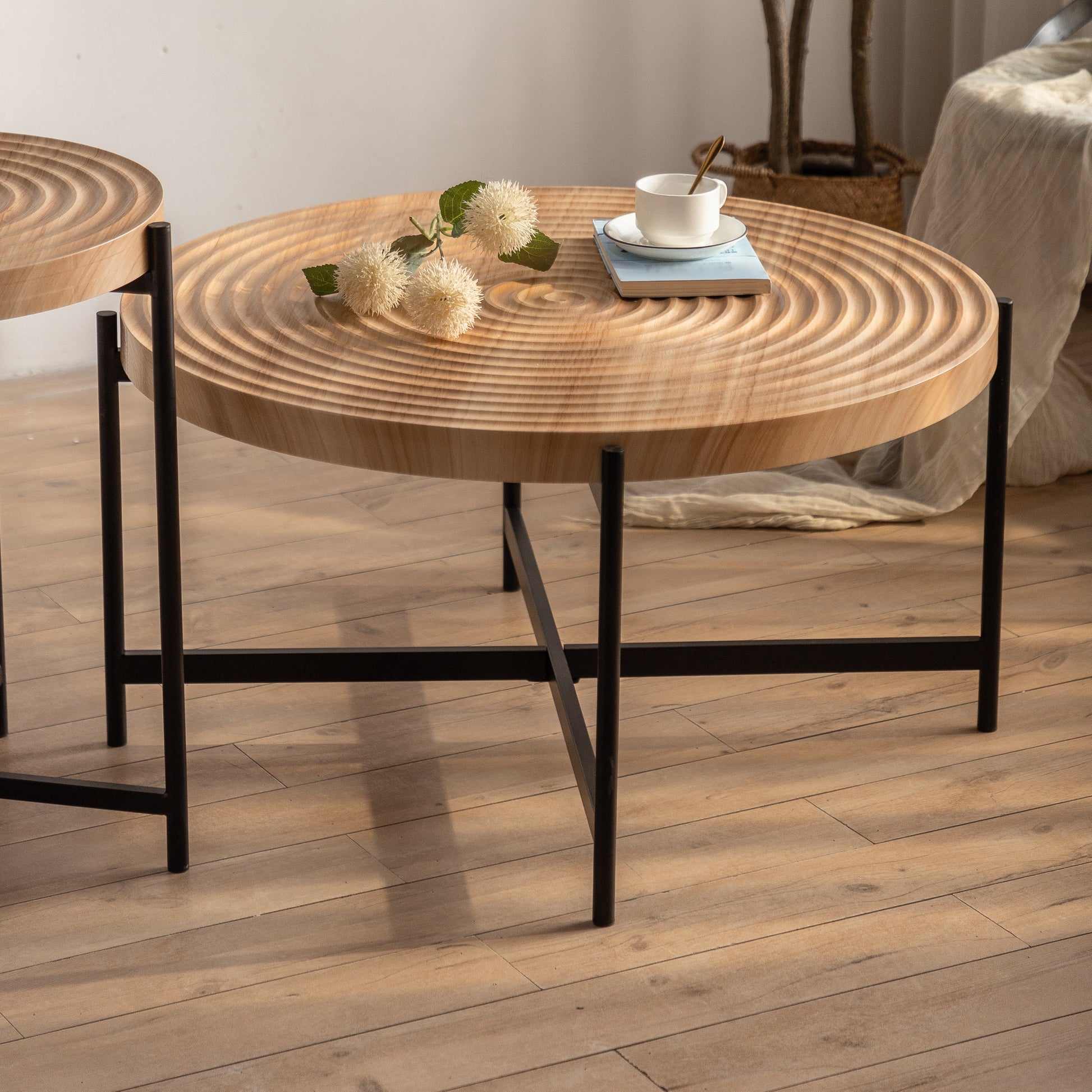 33"Modern Thread Design Round Coffee Tablemdf Table Top With Cross Legs Metal Base Natural Mdf