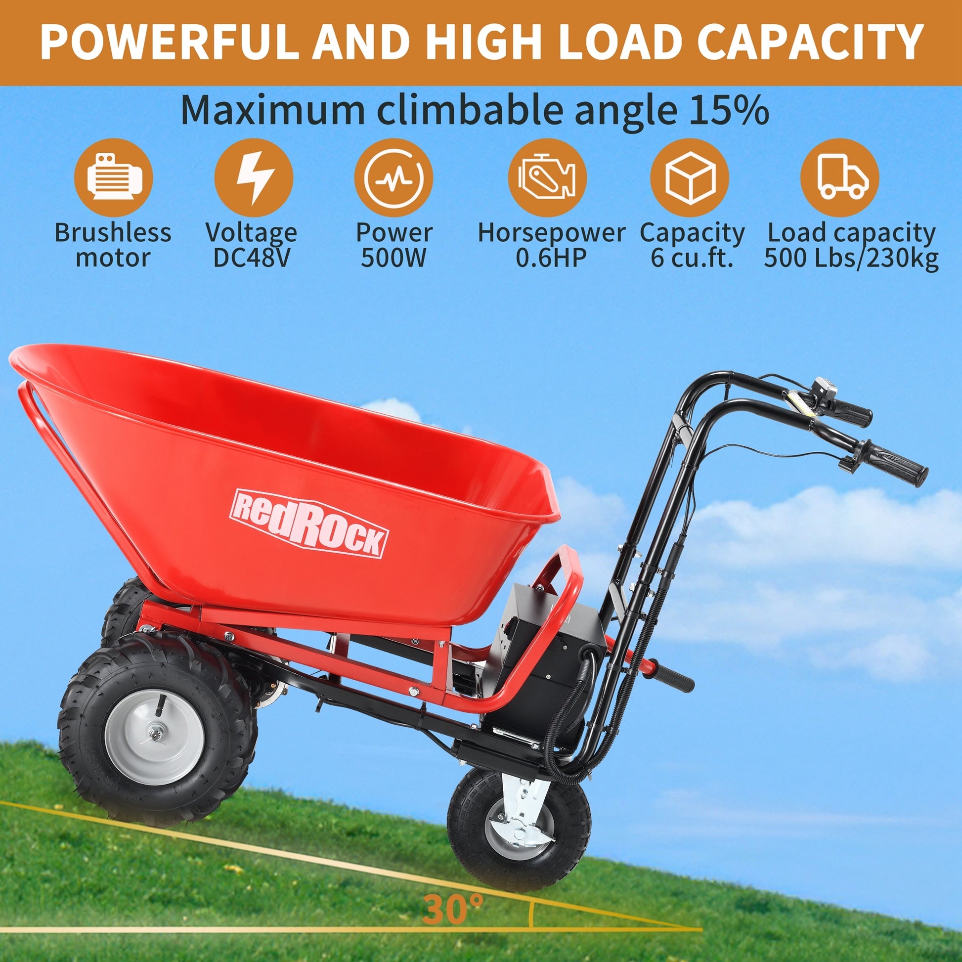 Wheelbarrow Utility Cart Electric Powered Cart 48V28Ah 500W Capacity 500Lbs 230Kg Material Debris Hauler 1000Lbs Towing Red Steel