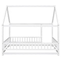 Full Size Floor Wooden Bed With House Roof Frame, Fence Guardrails ,White Old Sku:W50471475 Full White Pine