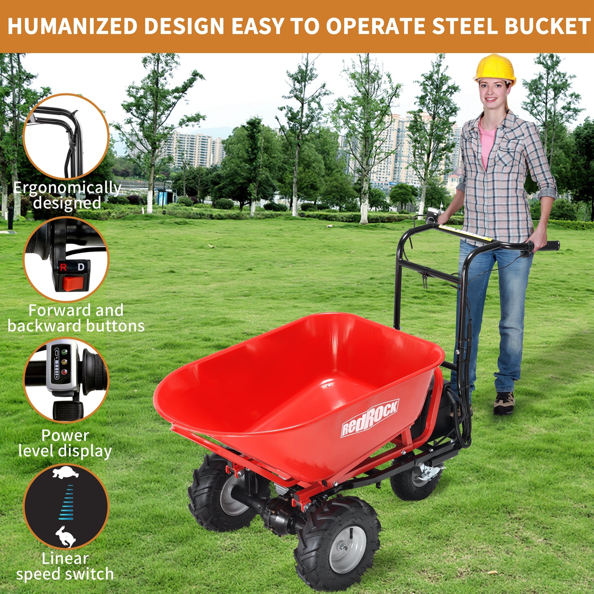 Wheelbarrow Utility Cart Electric Powered Cart 48V28Ah 500W Capacity 500Lbs 230Kg Material Debris Hauler 1000Lbs Towing Red Steel