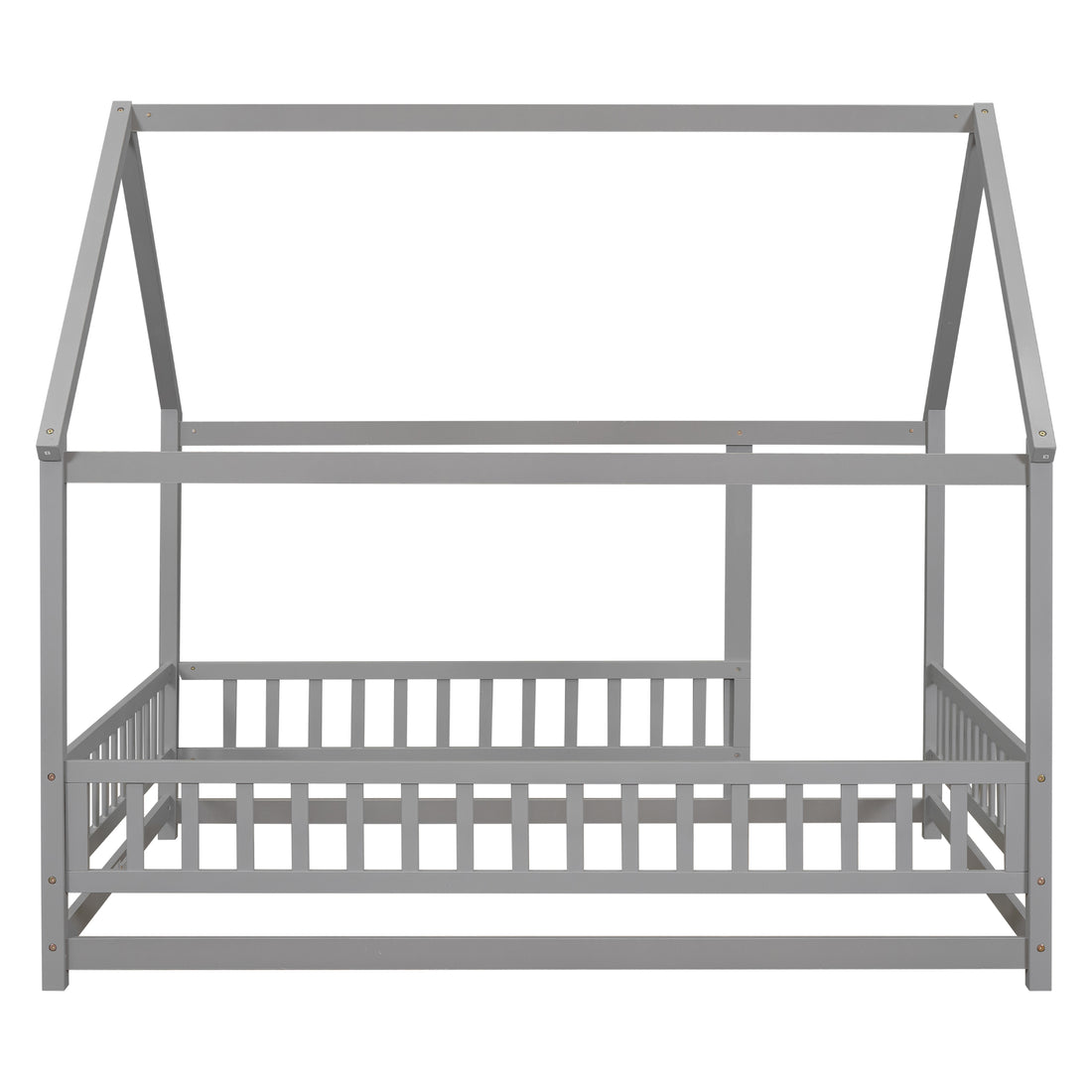 Full Size Floor Wooden Bed With House Roof Frame, Fence Guardrails ,Grey Old Sku:W50471474 Full Grey Pine