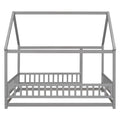 Full Size Floor Wooden Bed With House Roof Frame, Fence Guardrails ,Grey Old Sku:W50471474 Full Grey Pine