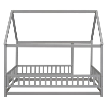 Full Size Floor Wooden Bed With House Roof Frame, Fence Guardrails ,Grey Old Sku:W50471474 Full Grey Pine