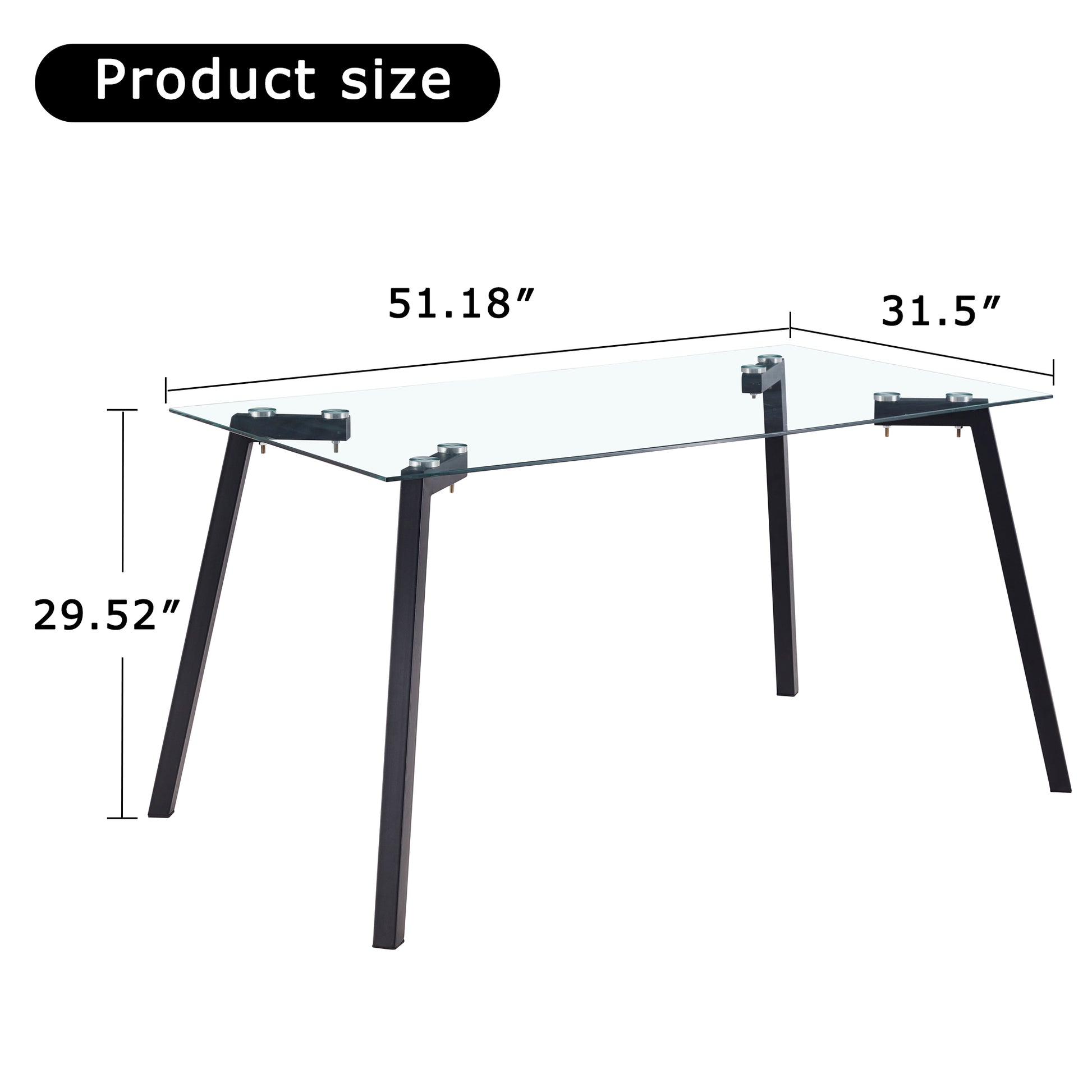 Modern Minimalist Rectangular Glass Dining Table For 4 6 With 0.31" Tempered Glass Tabletop And Black Coating Metal Legs, Writing Table Desk, For Kitchen Dining Living Room, 51" W X 31"D X 30" H